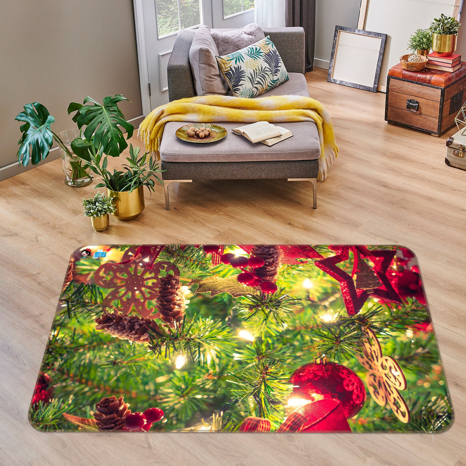 3D Tree Red Star Ball 56202 Christmas Non Slip Rug Mat Xmas