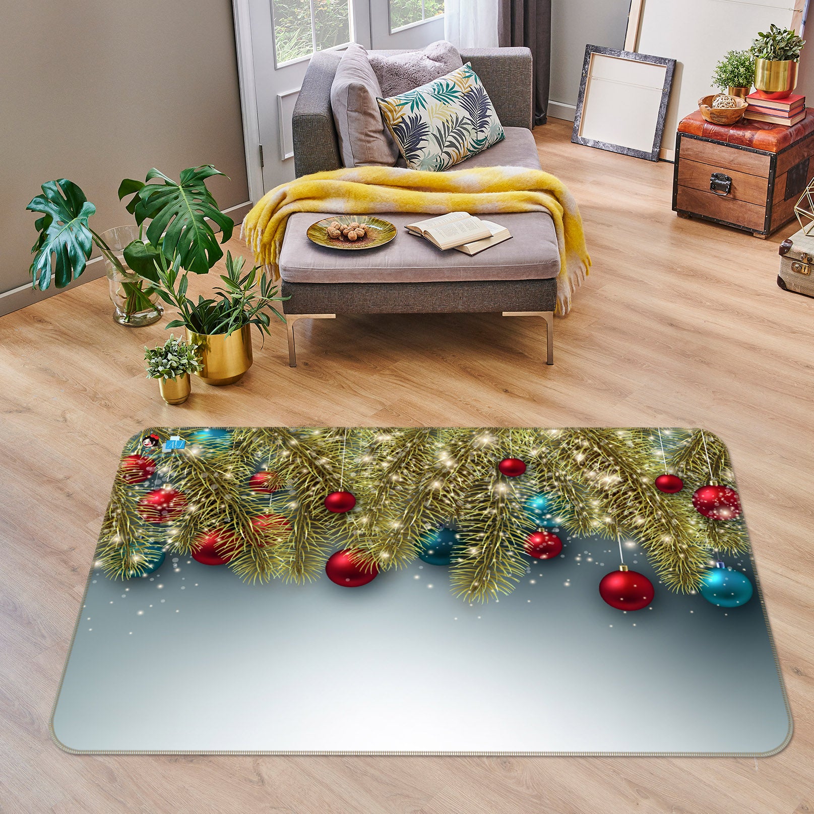 3D Golden Branches Colored Balls 56210 Christmas Non Slip Rug Mat Xmas