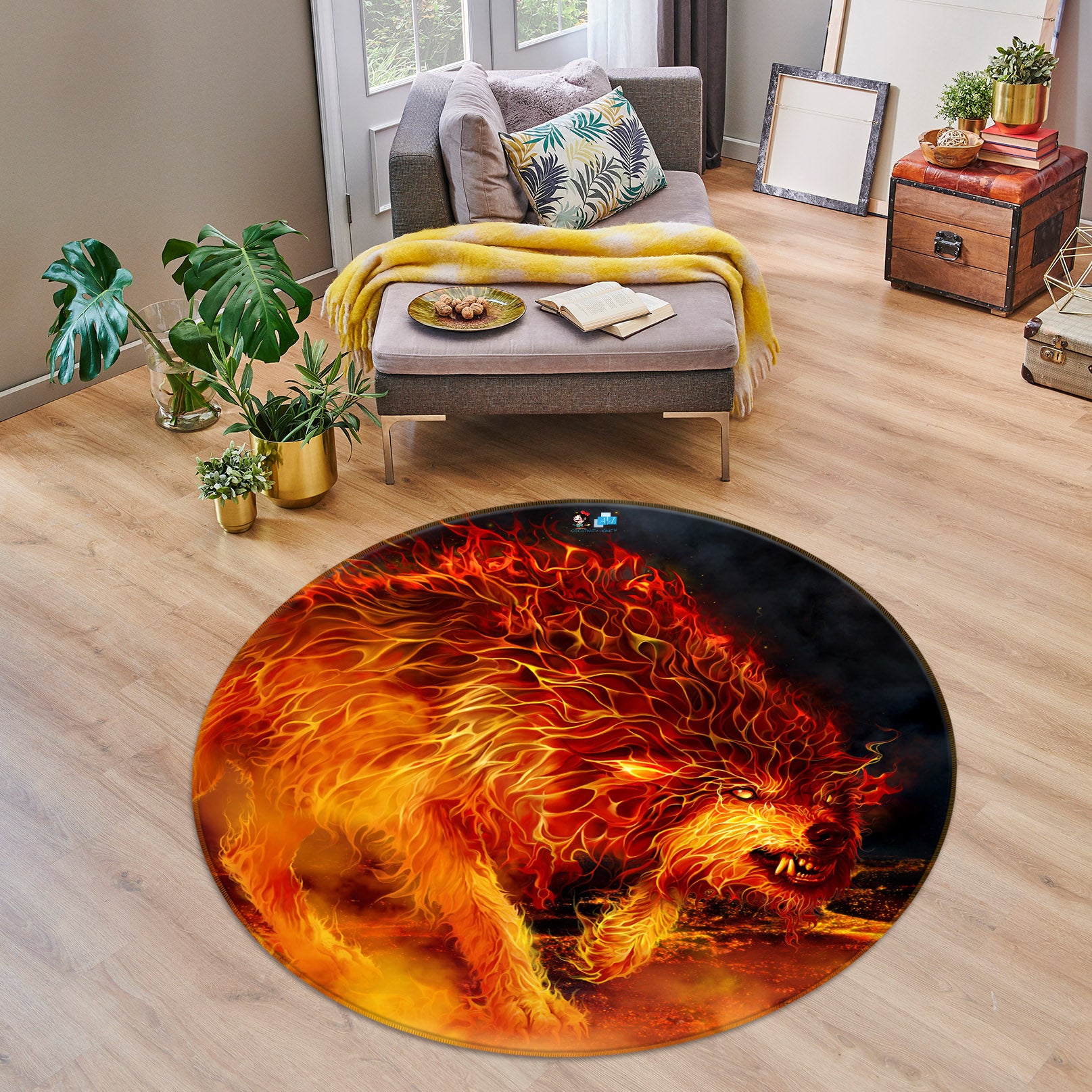 3D Flaming Wolf 4196 Tom Wood Rug Round Non Slip Rug Mat