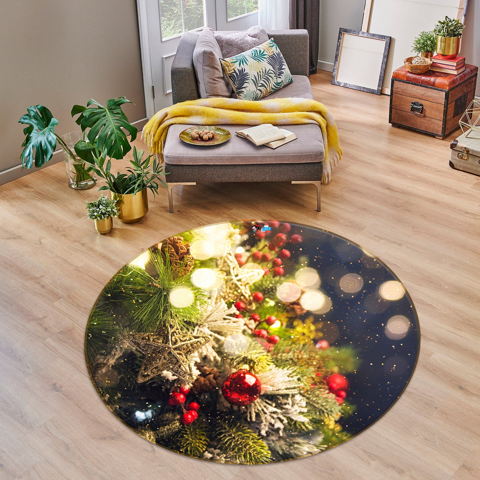 3D Star Snow Ball 56081 Christmas Round Non Slip Rug Mat Xmas