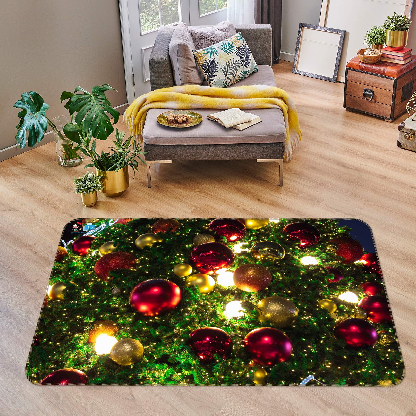 3D Red Ball Light Tree 56142 Christmas Non Slip Rug Mat Xmas
