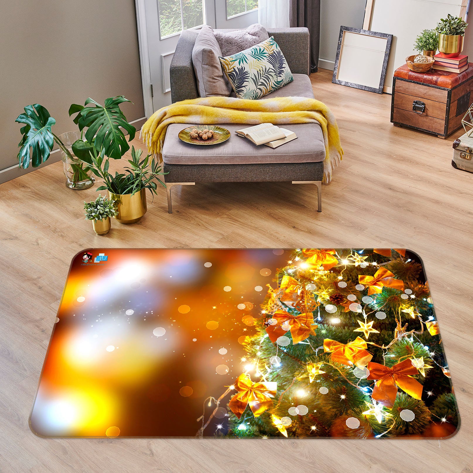 3D Tree Golden Bow 56108 Christmas Non Slip Rug Mat Xmas