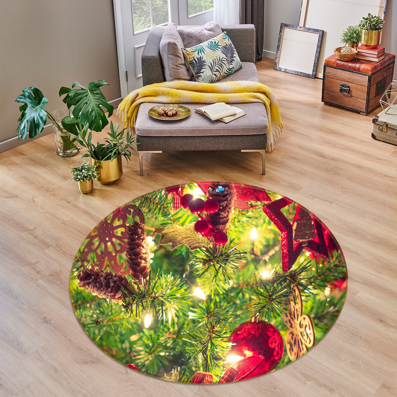 3D Branches 55267 Christmas Round Non Slip Rug Mat Xmas