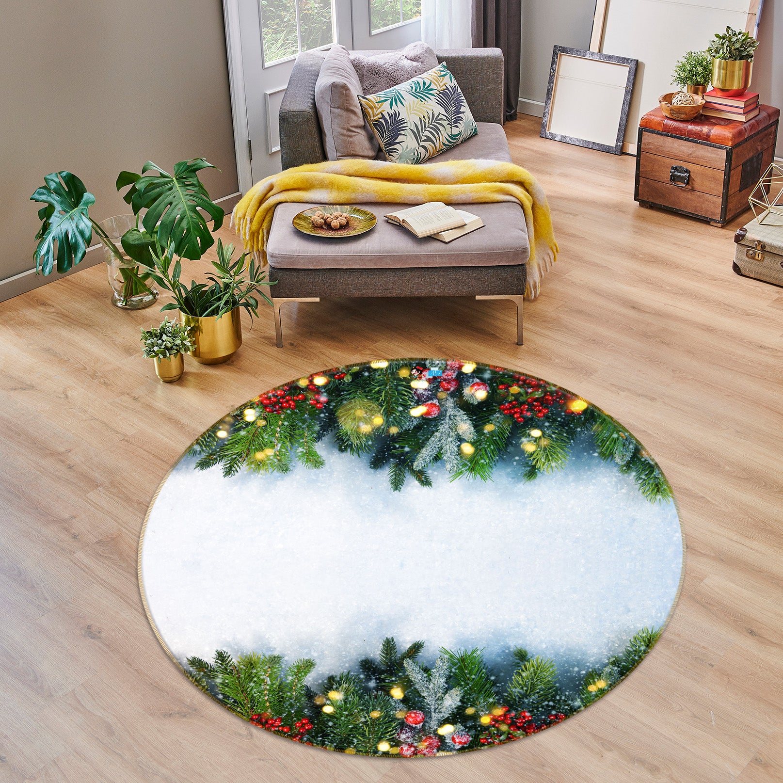 3D Branches Colorful Ball 56050 Christmas Round Non Slip Rug Mat Xmas