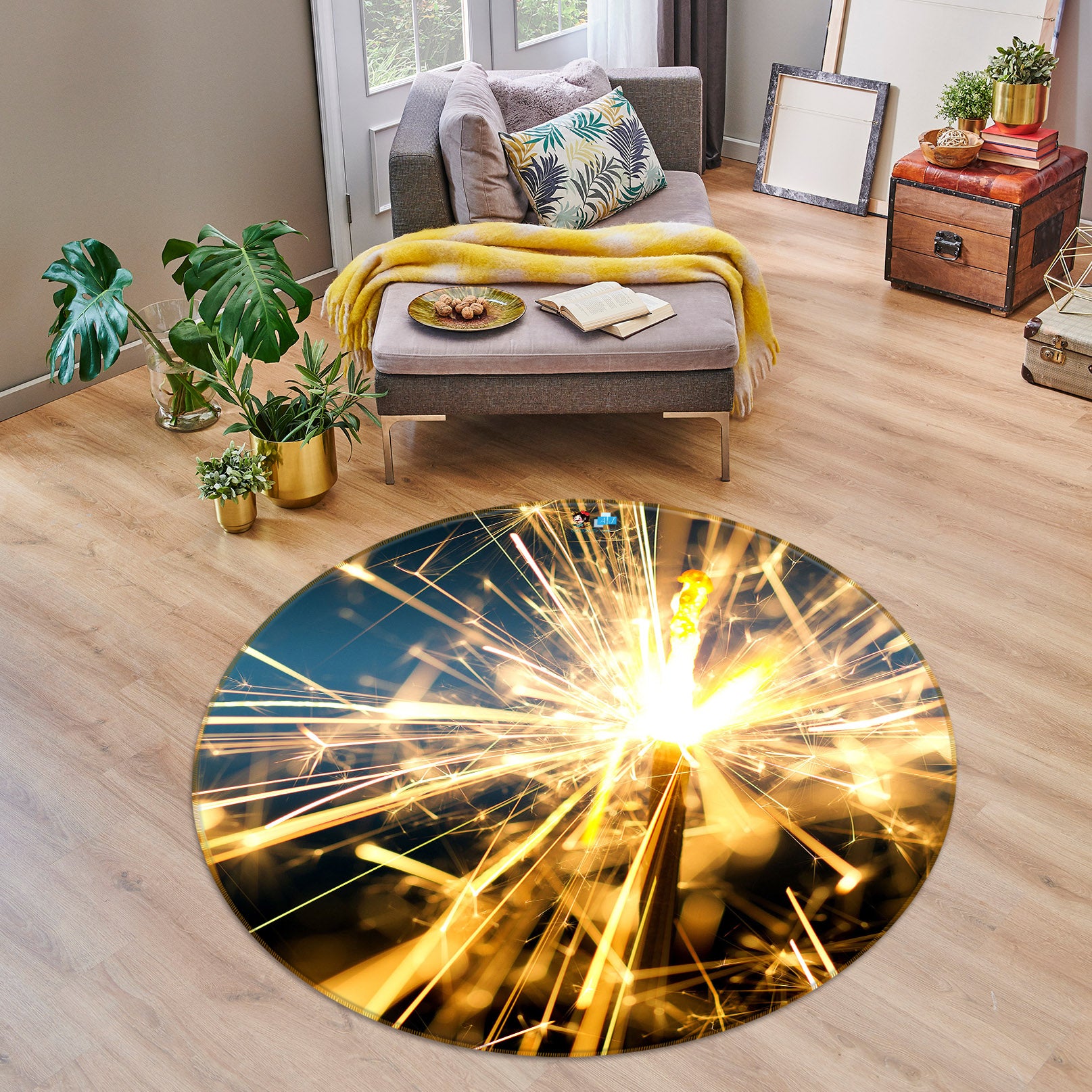 3D Fireworks 55262 Christmas Round Non Slip Rug Mat Xmas