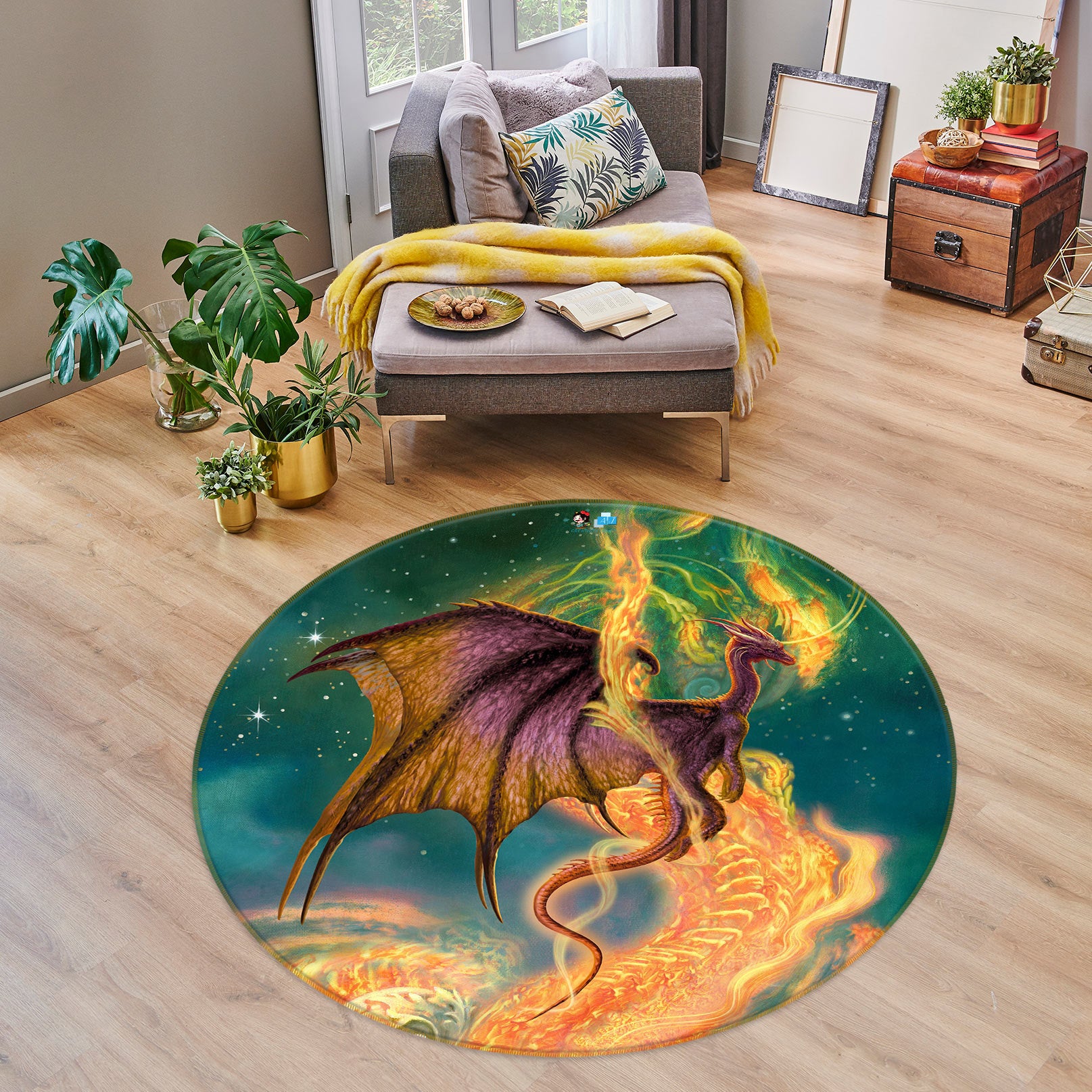 3D Golden Pattern Dragon 6161 Ciruelo Rug Round Non Slip Rug Mat