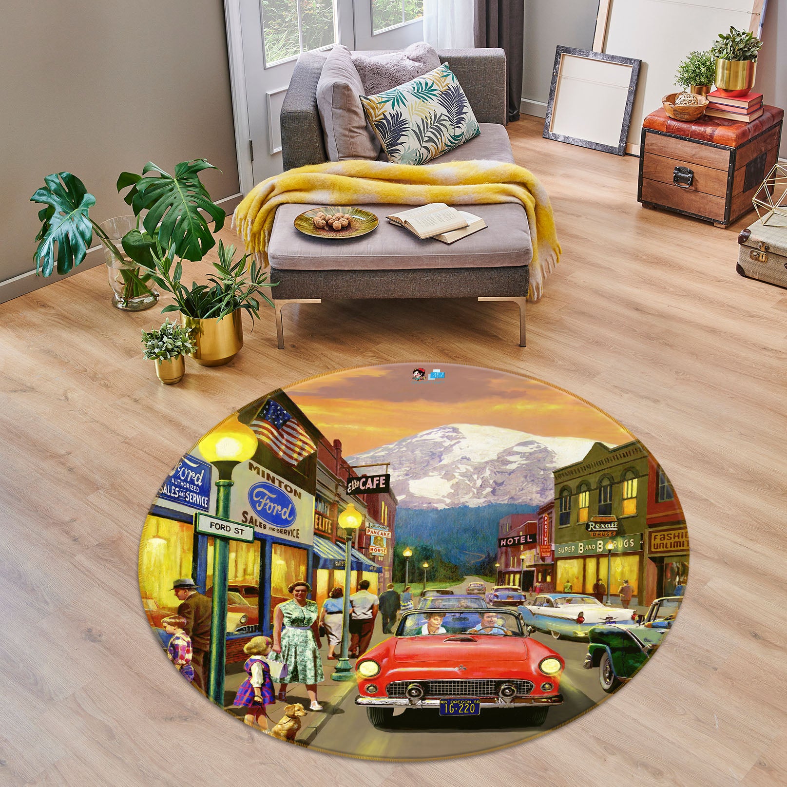 3D Street Red Car 070 Kevin Walsh Rug Round Non Slip Rug Mat