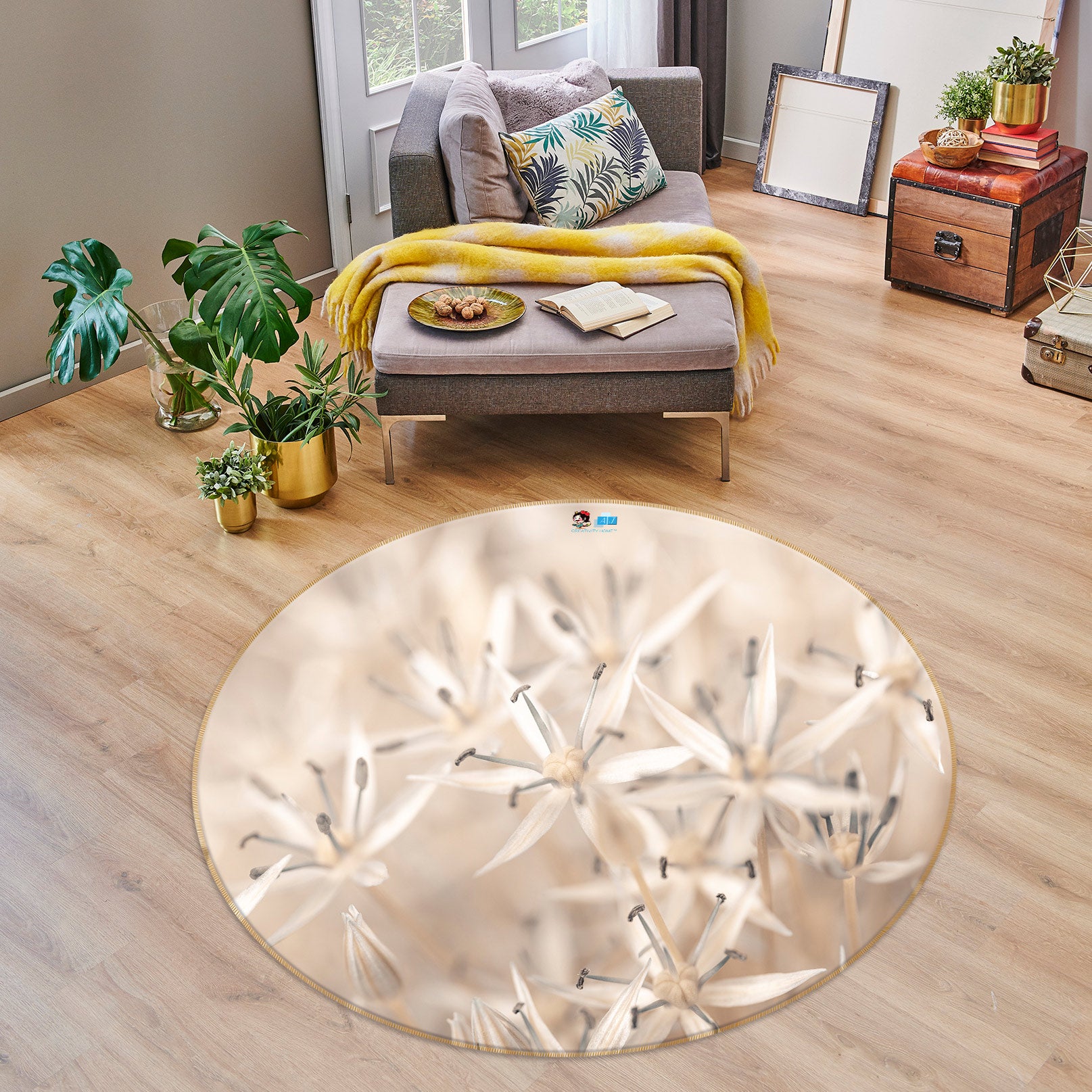 3D Gray Wildflowers 7566 Assaf Frank Rug Round Non Slip Rug Mat