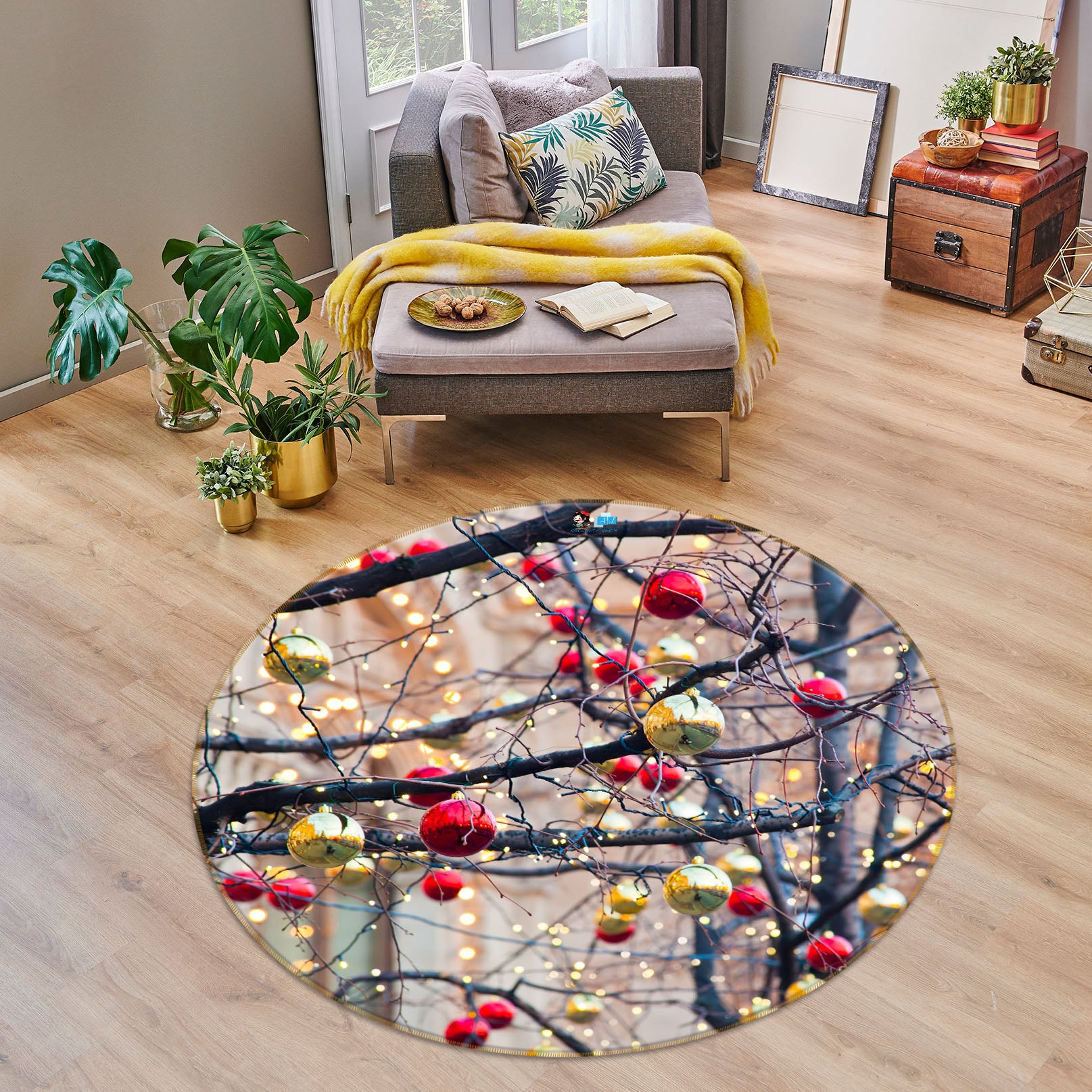 3D Dead Branches Ball 56037 Christmas Round Non Slip Rug Mat Xmas
