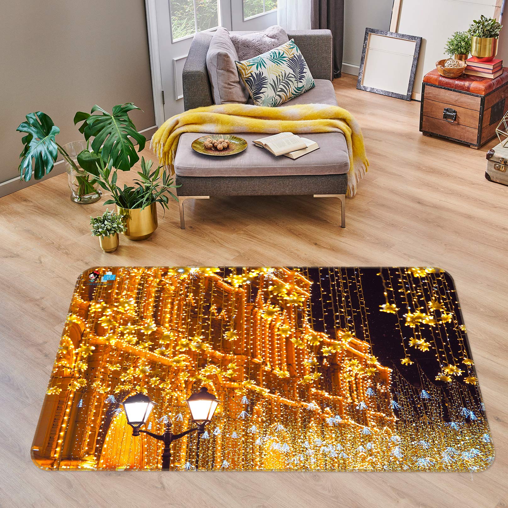 3D String Lights Golden Building 56143 Christmas Non Slip Rug Mat Xmas