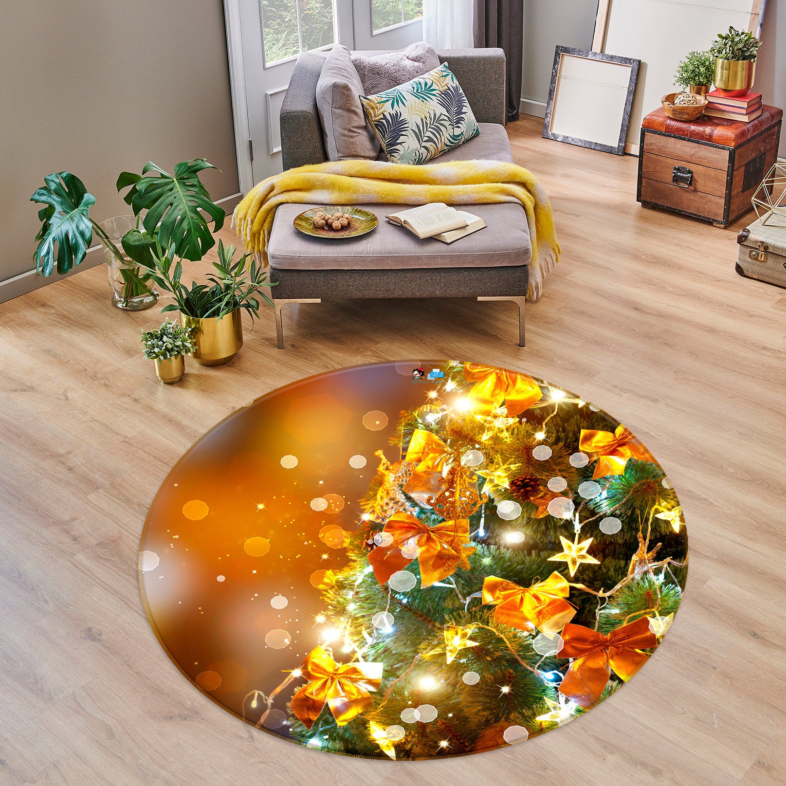 3D Tree Golden Bow 55174 Christmas Round Non Slip Rug Mat Xmas