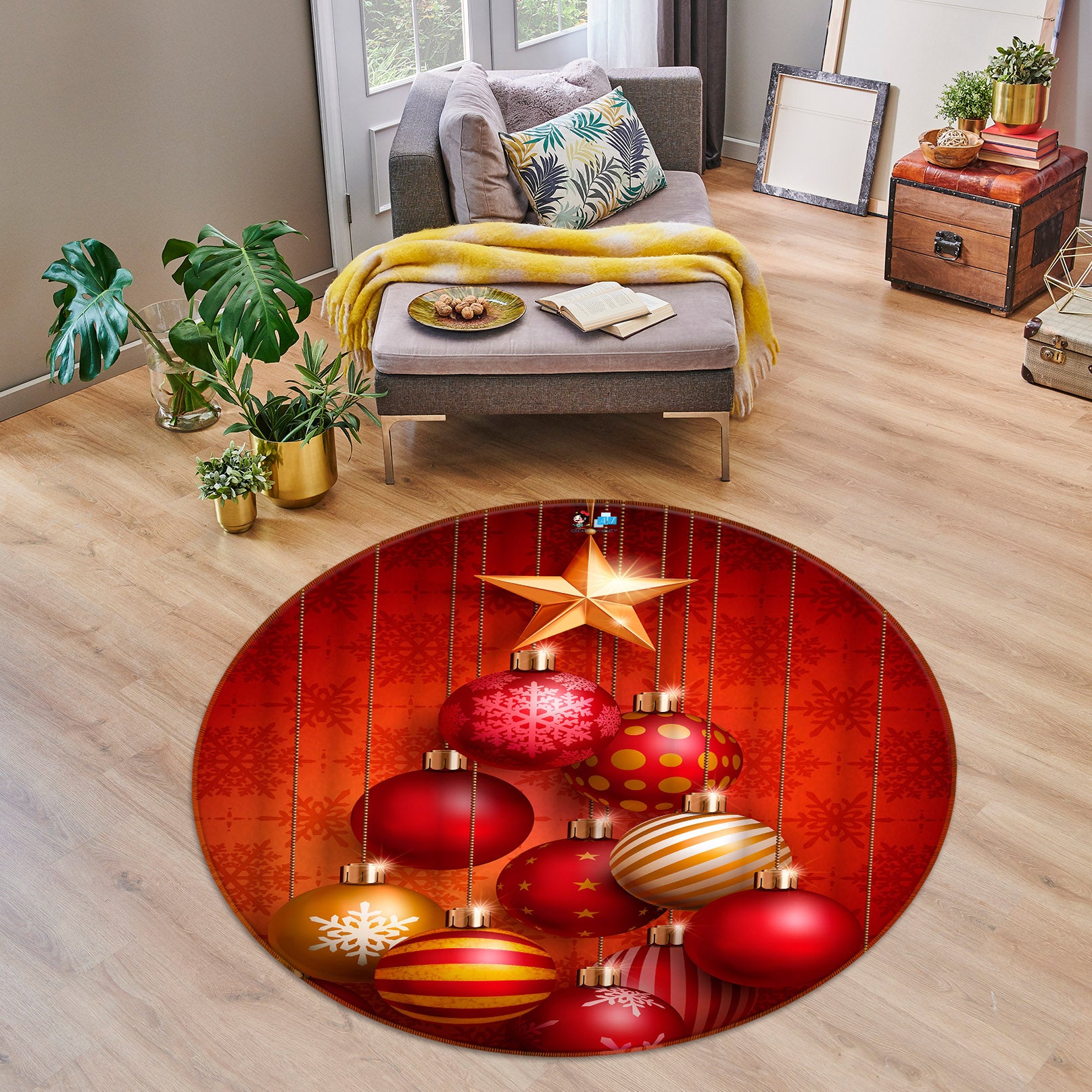 3D Red Ball 55260 Christmas Round Non Slip Rug Mat Xmas