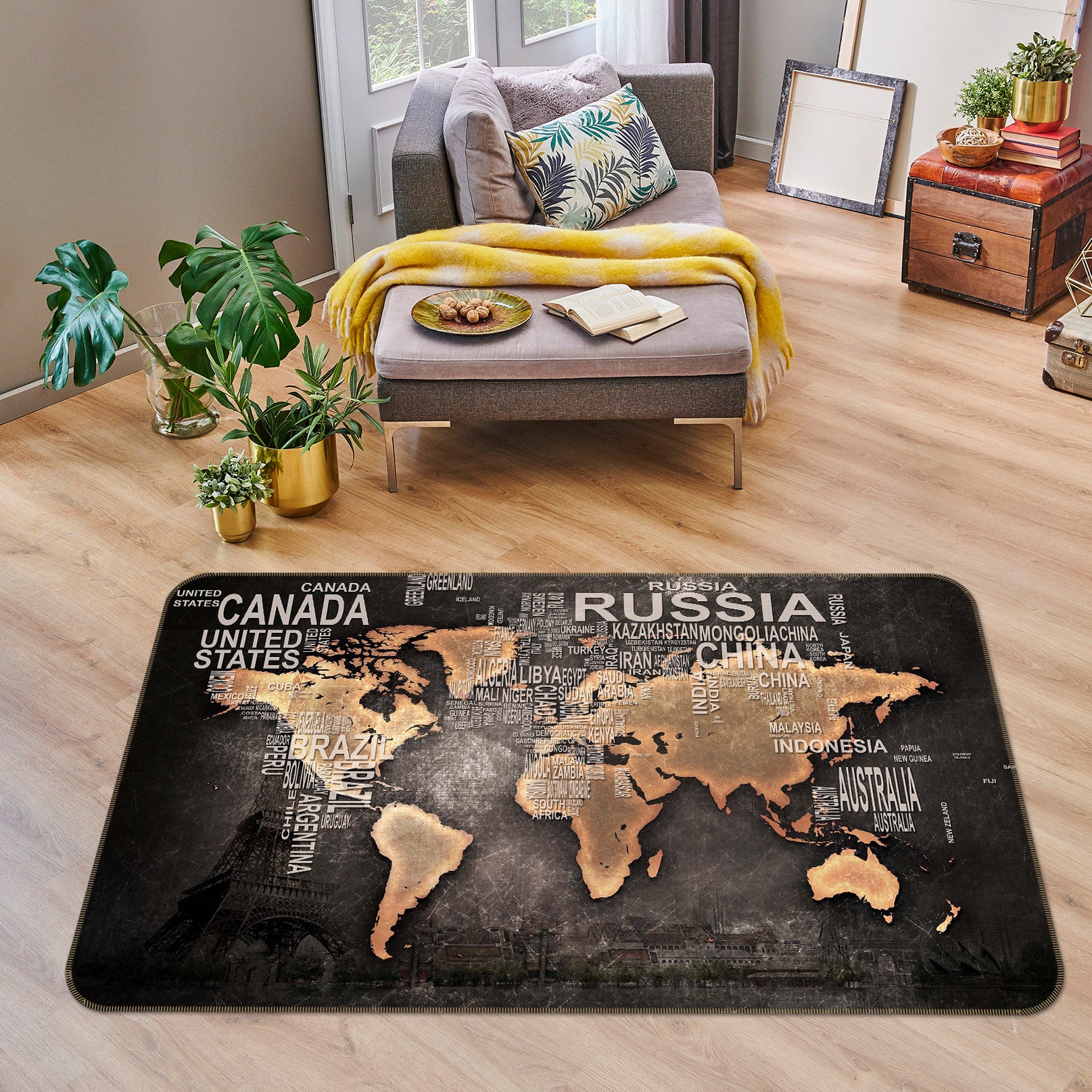 3D Golden Clouds 205 World Map Non Slip Rug Mat