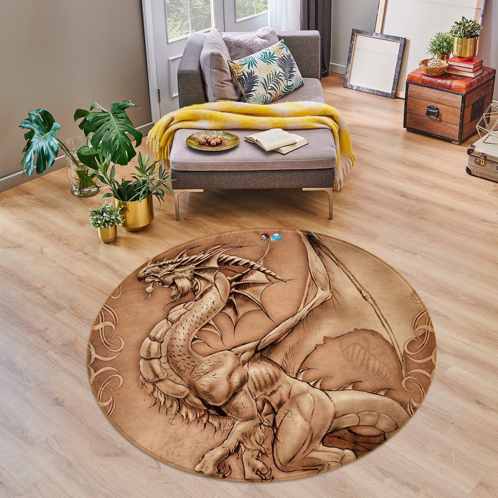 3D Dragon 4182 Tom Wood Rug Round Non Slip Rug Mat
