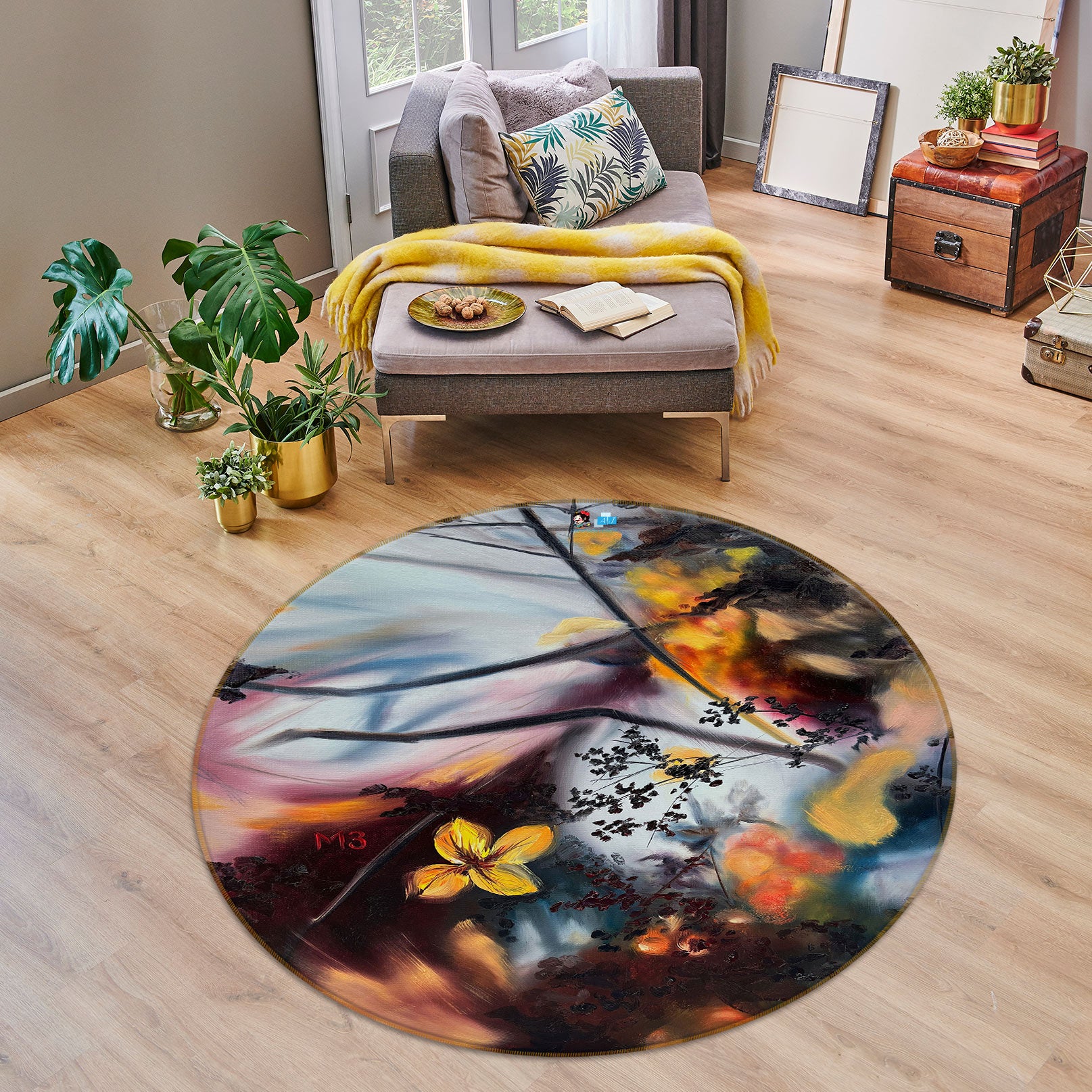 3D Flower Branch Painting 9724 Marina Zotova Rug Round Non Slip Rug Mat