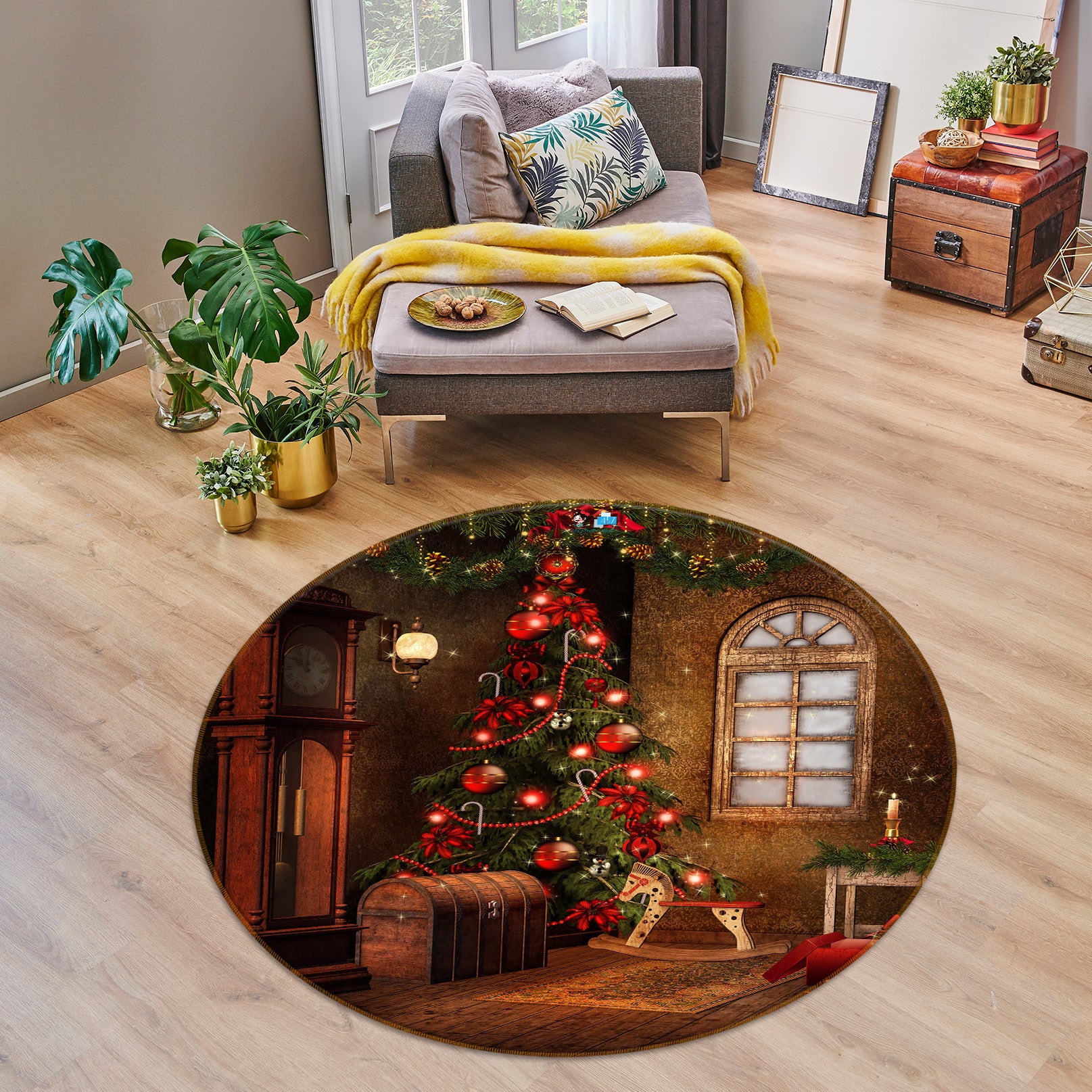 3D Tree Window 56009 Christmas Round Non Slip Rug Mat Xmas