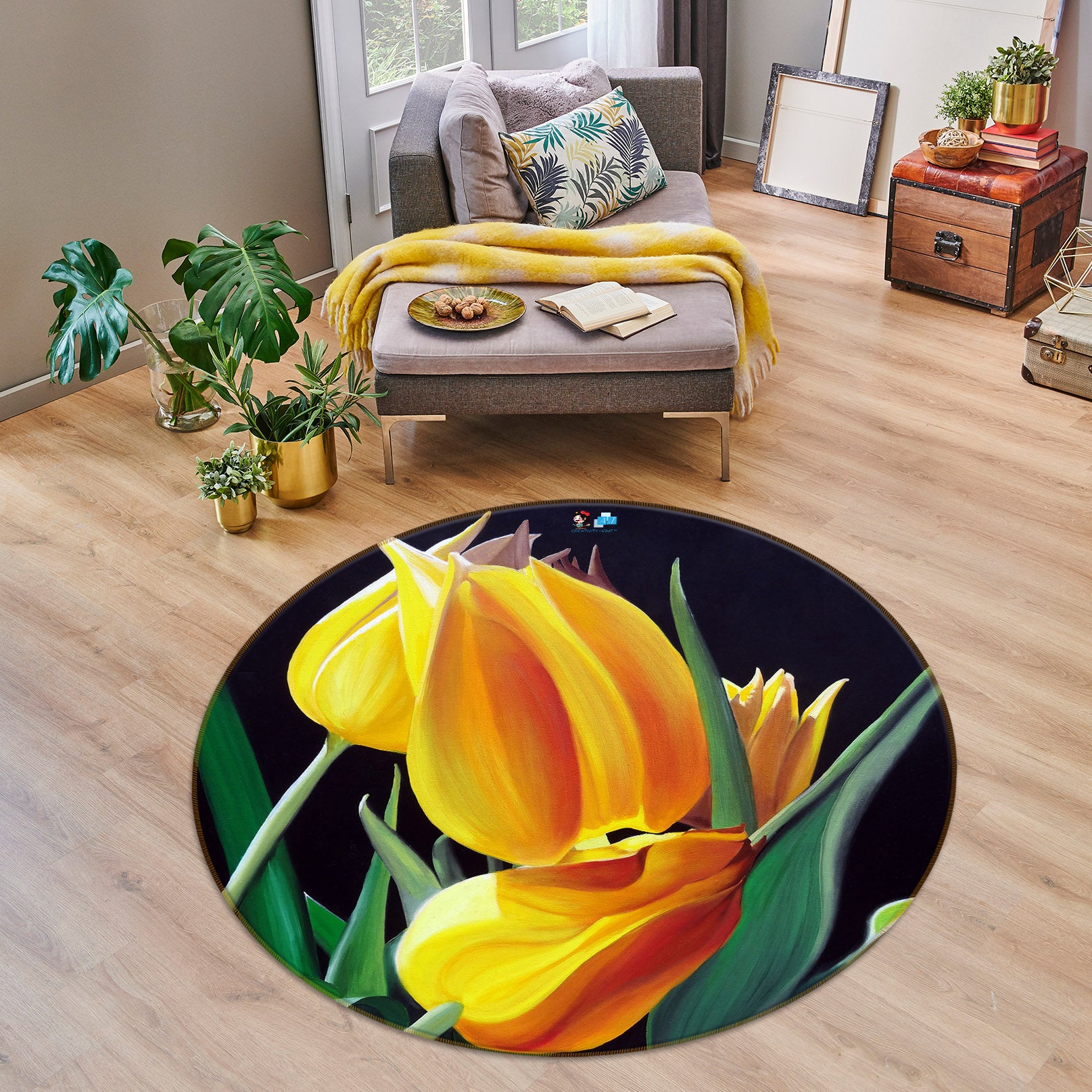 3D Yellow Flower 110107 Matthew Holden Bates Rug Round Non Slip Rug Mat