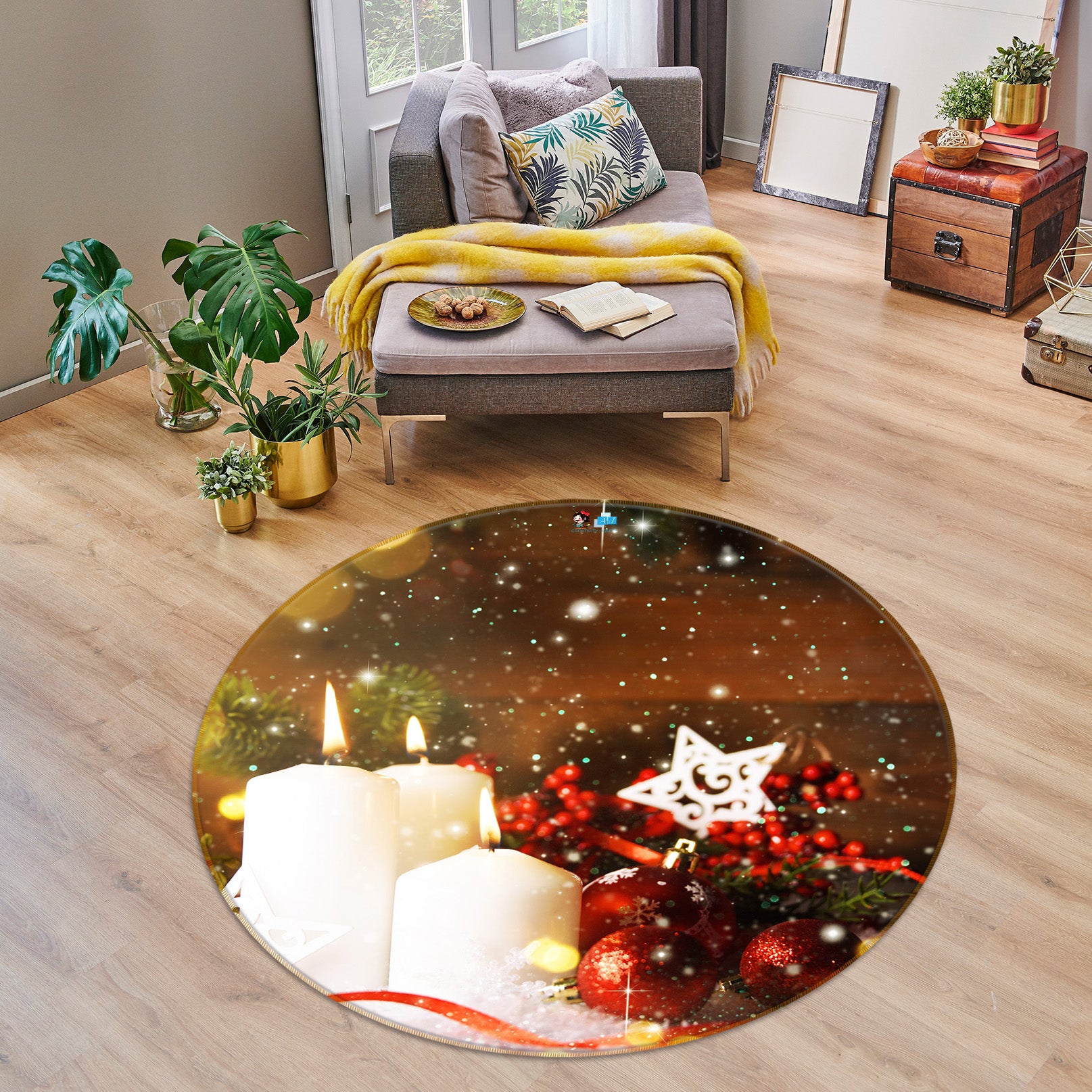 3D White Candle 56054 Christmas Round Non Slip Rug Mat Xmas