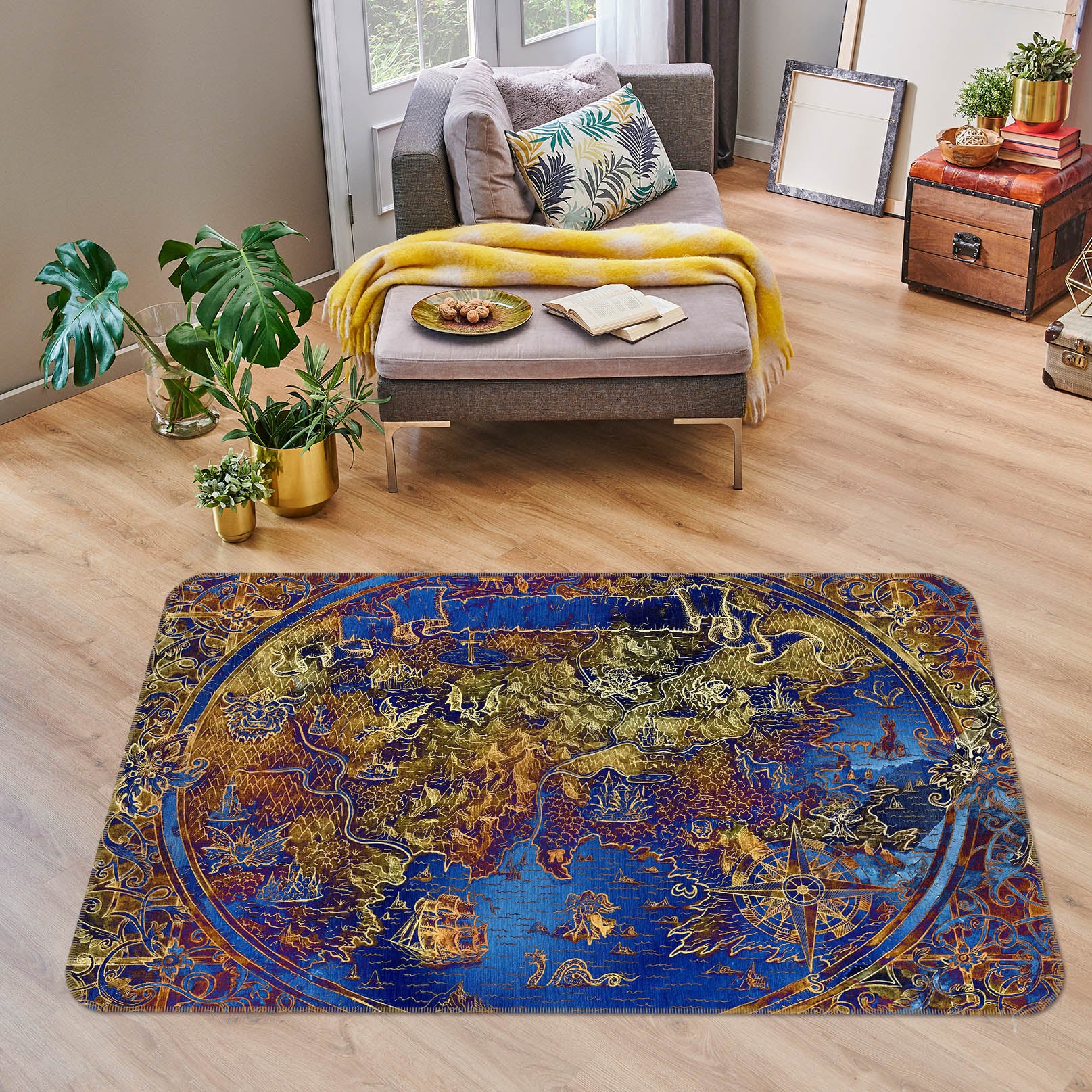 3D Golden Pattern 311 World Map Non Slip Rug Mat