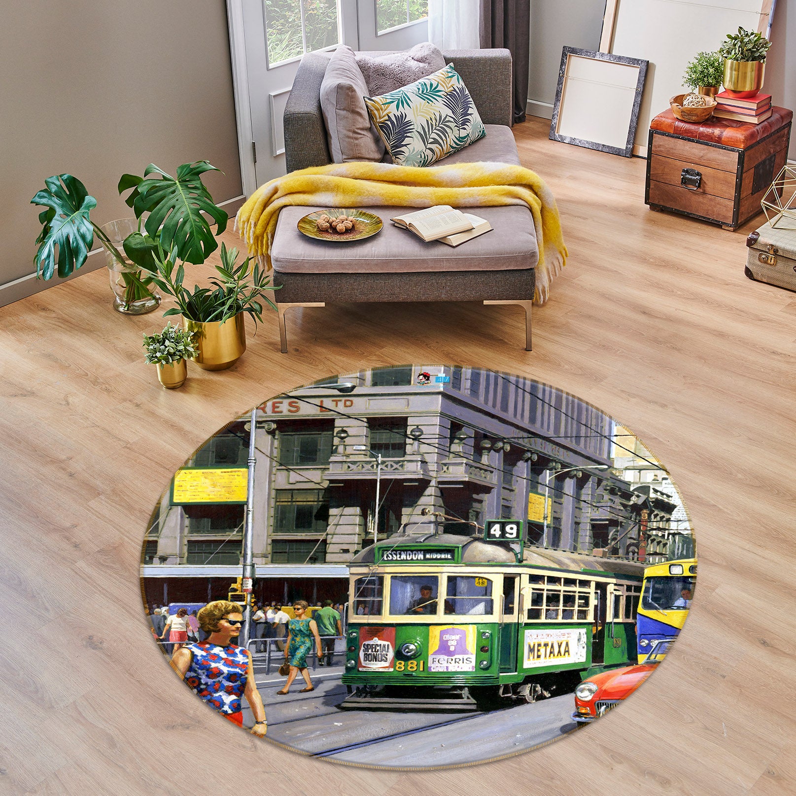 3D Green Tram 066 Kevin Walsh Rug Round Non Slip Rug Mat
