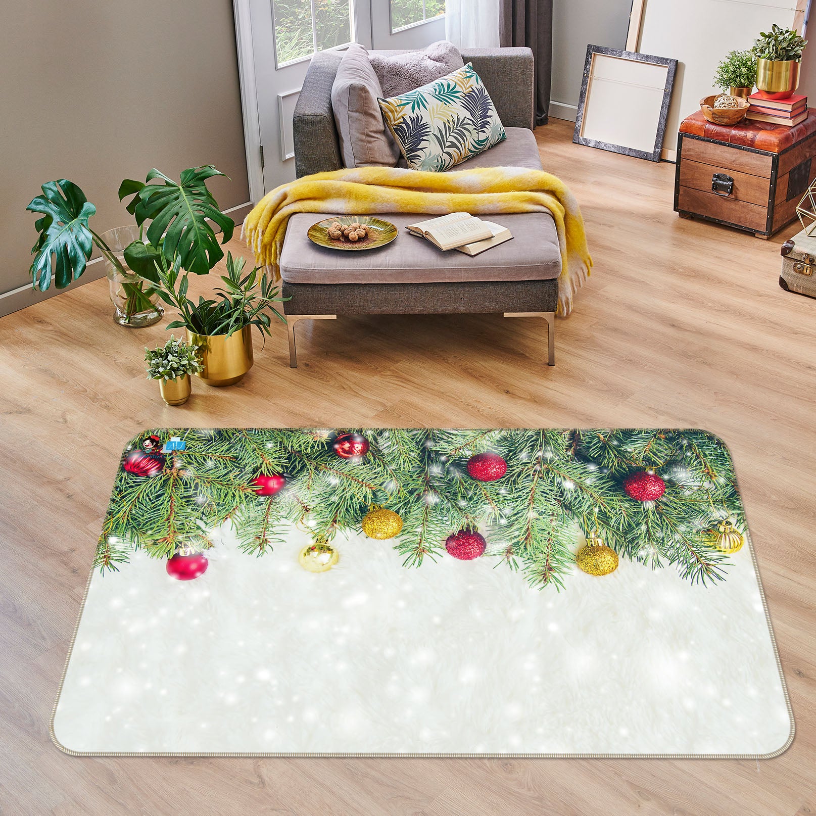 3D Branches Ball 56242 Christmas Non Slip Rug Mat Xmas