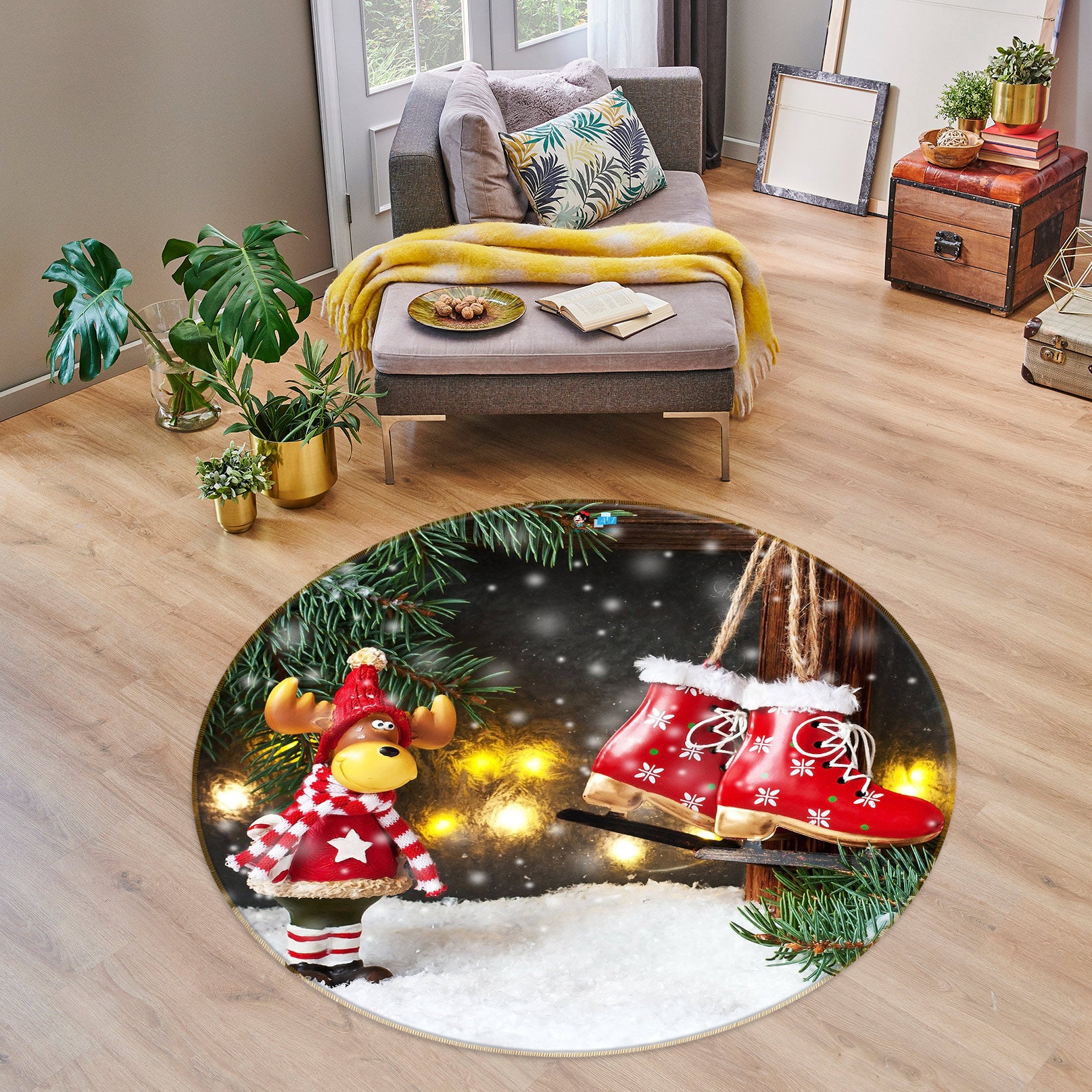 3D Deer Shoe Snow 55259 Christmas Round Non Slip Rug Mat Xmas