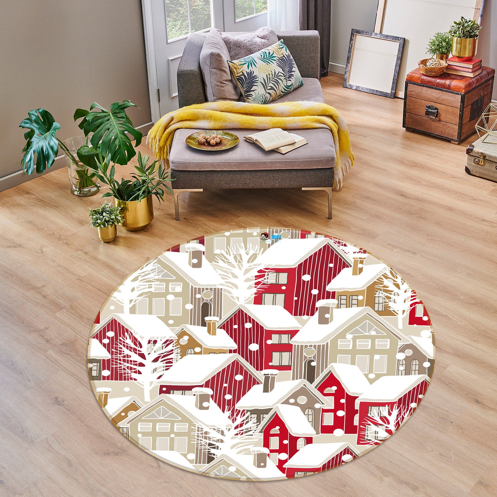 3D Red Snow House 56062 Christmas Round Non Slip Rug Mat Xmas