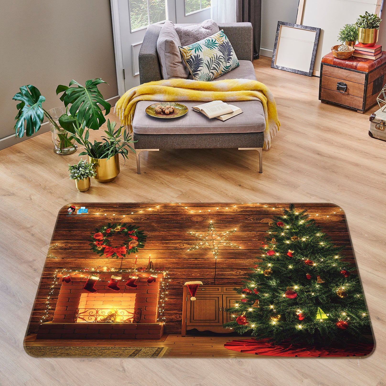 3D Fireplace Tree 56168 Christmas Non Slip Rug Mat Xmas