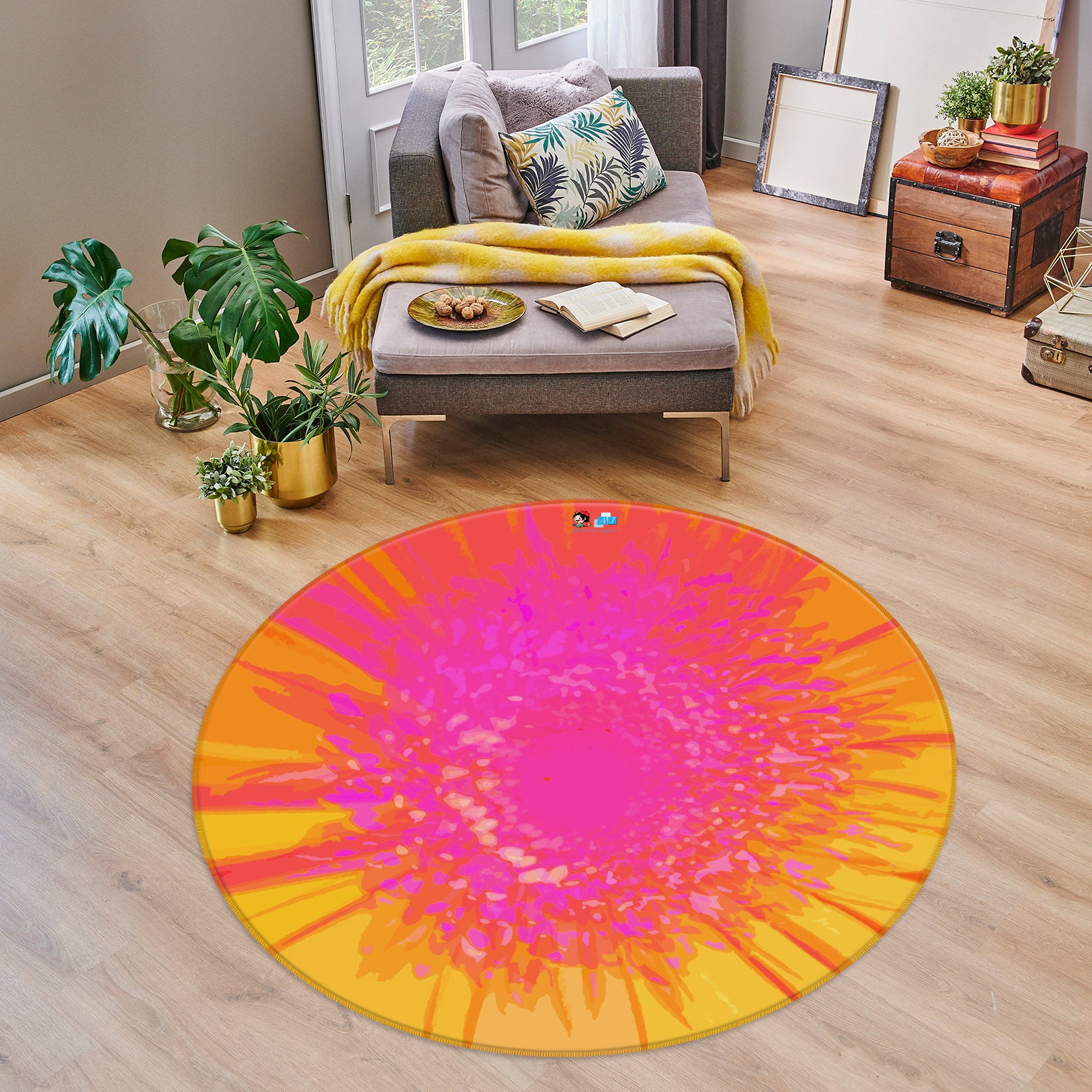 3D Pink Orange Flower 191114 Shandra Smith Rug Round Non Slip Rug Mat