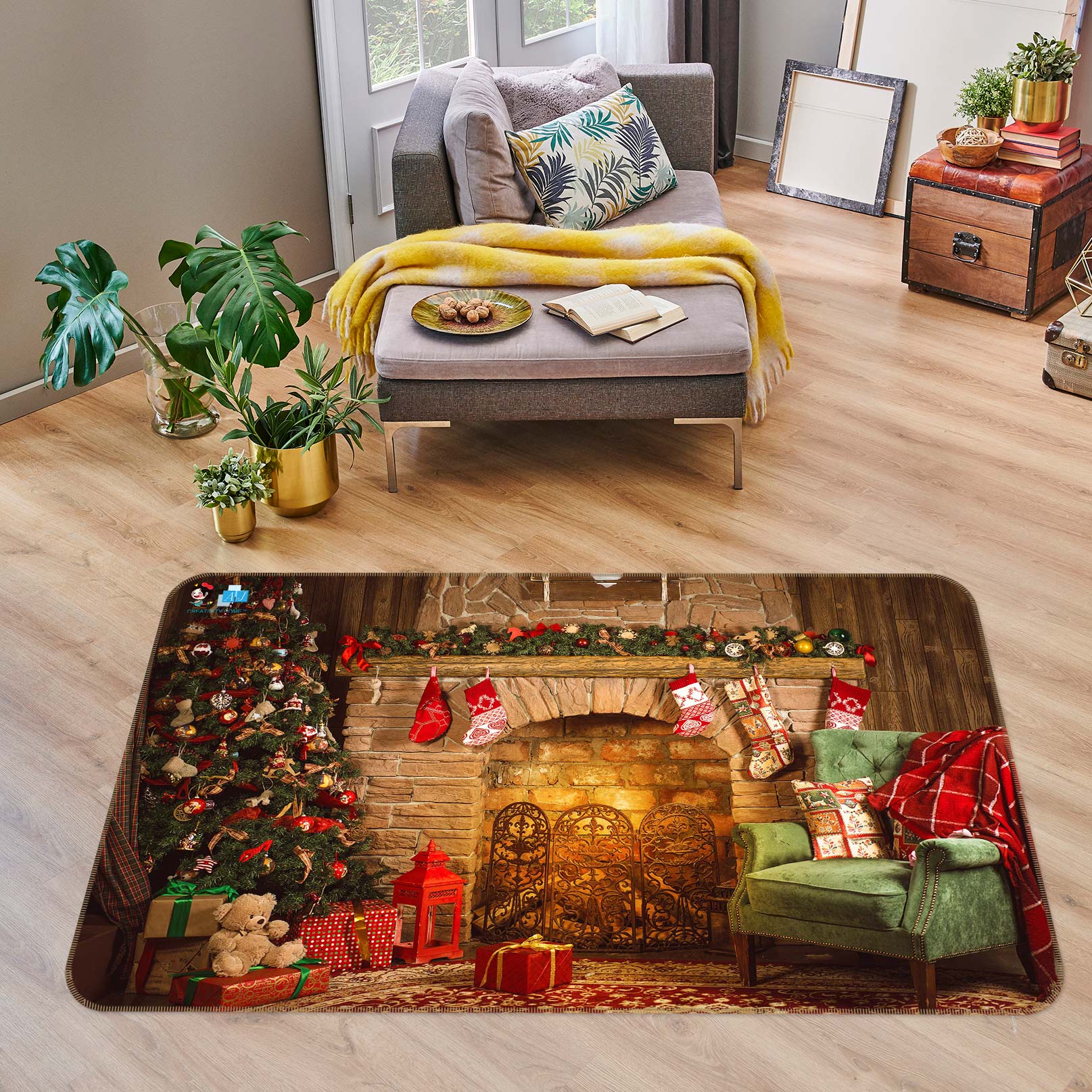 3D Sofa Fireplace 56123 Christmas Non Slip Rug Mat Xmas