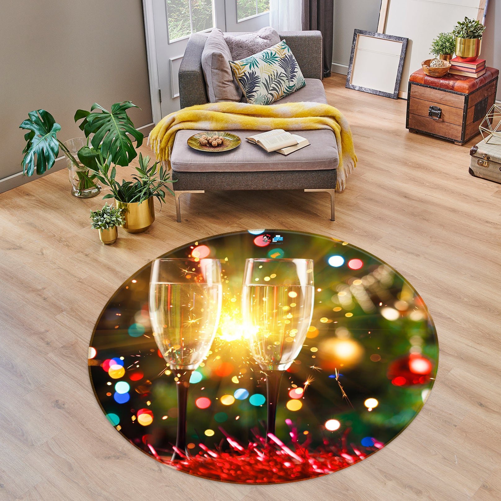3D Wine Glass 55178 Christmas Round Non Slip Rug Mat Xmas
