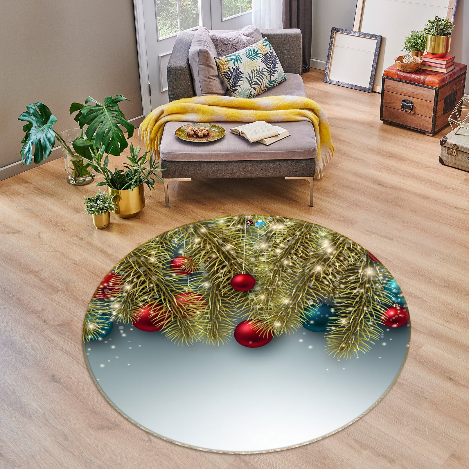 3D Golden Branches 56074 Christmas Round Non Slip Rug Mat Xmas