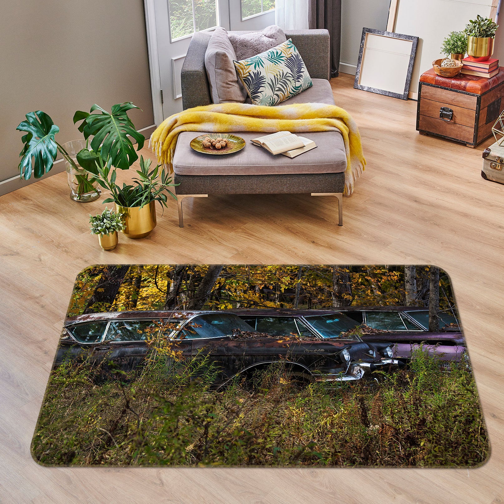 3D Forest Black Car 1003 Jerry LoFaro Rug Non Slip Rug Mat