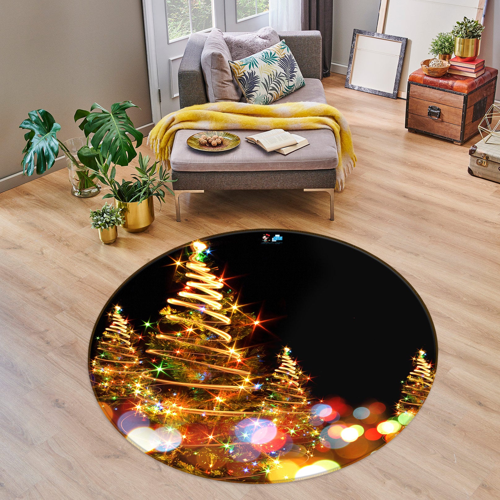 3D Colored Lights Tree 55164 Christmas Round Non Slip Rug Mat Xmas