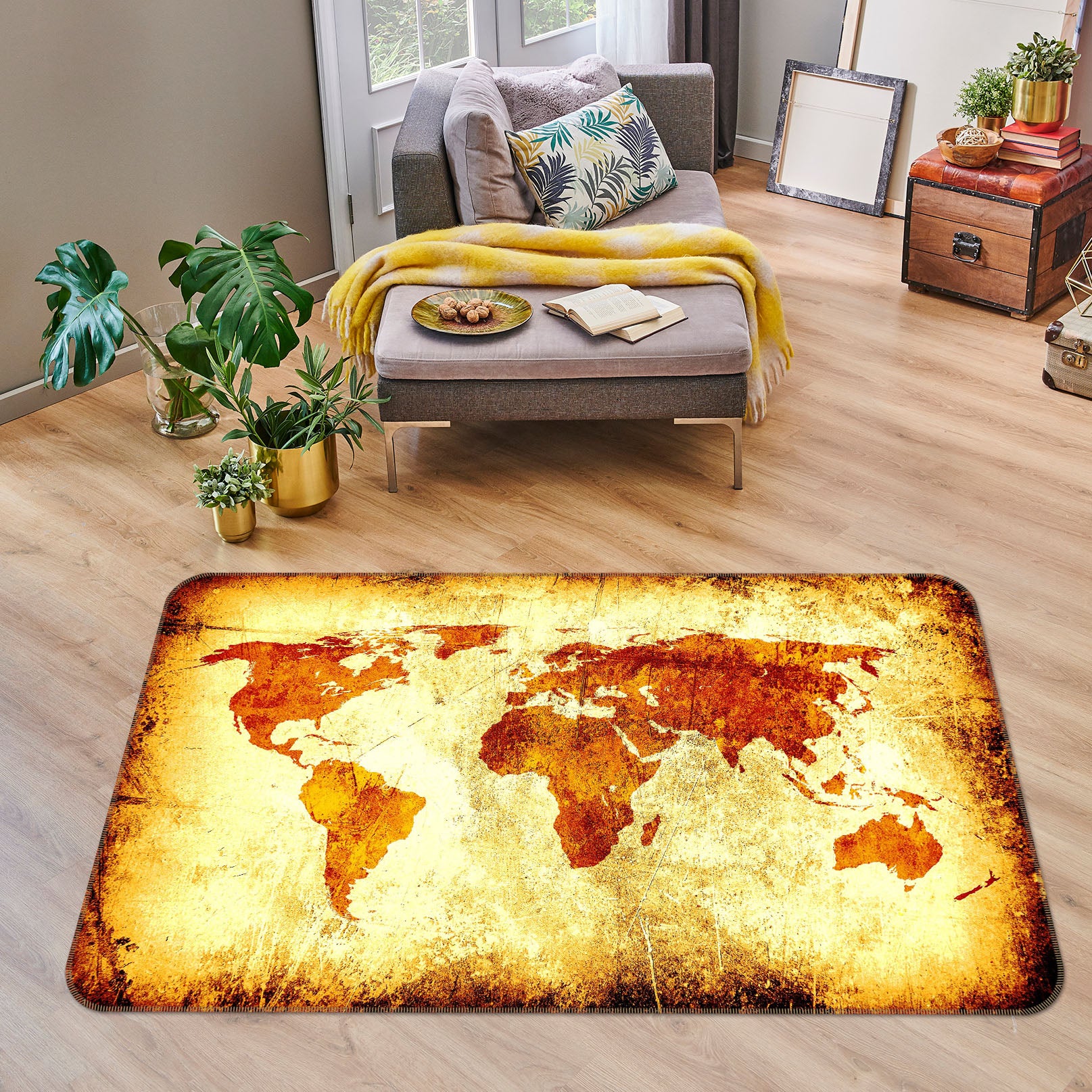 3D Golden Light 230 World Map Non Slip Rug Mat