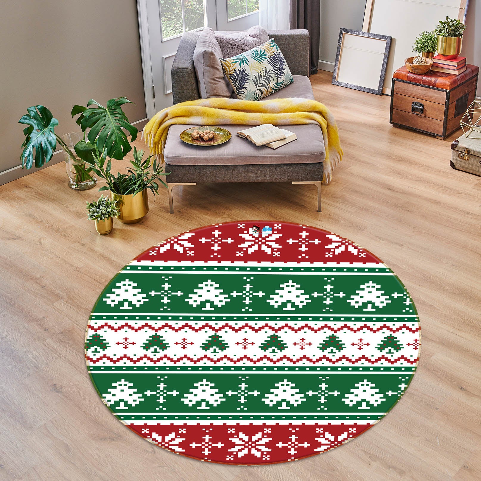 3D Tree Pattern 56094 Christmas Round Non Slip Rug Mat Xmas