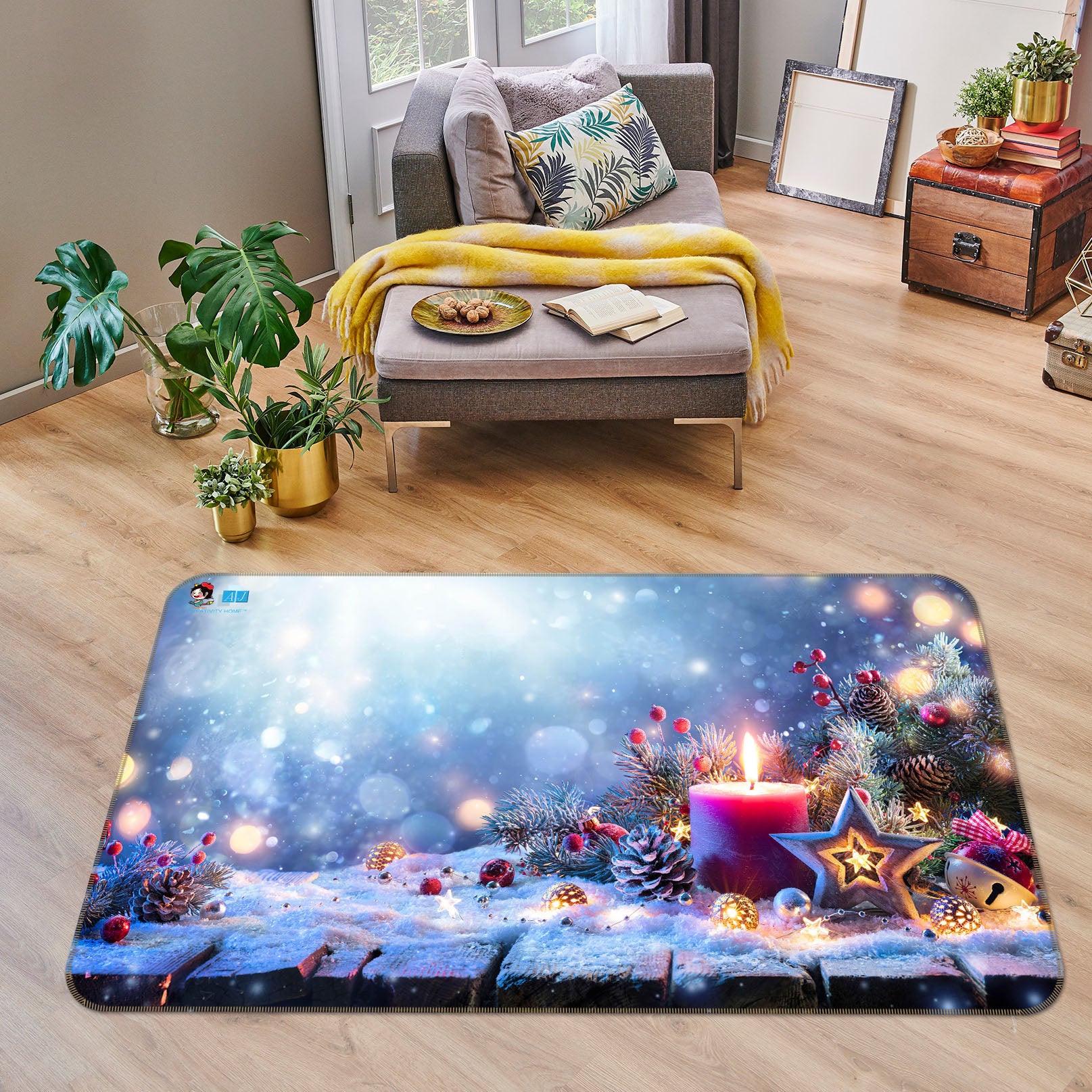3D Snow Red Candle 57004 Christmas Non Slip Rug Mat Xmas