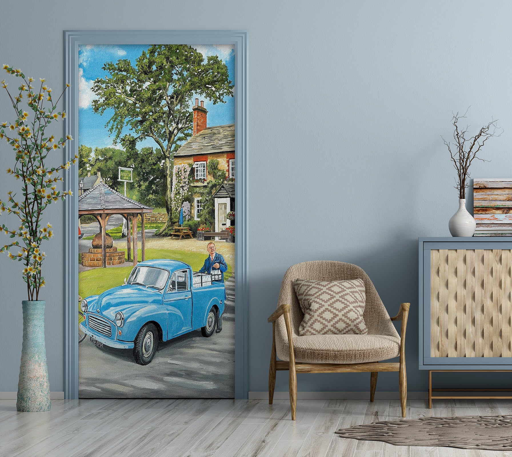 3D Village Blue Car 103197 Trevor Mitchell Door Mural
