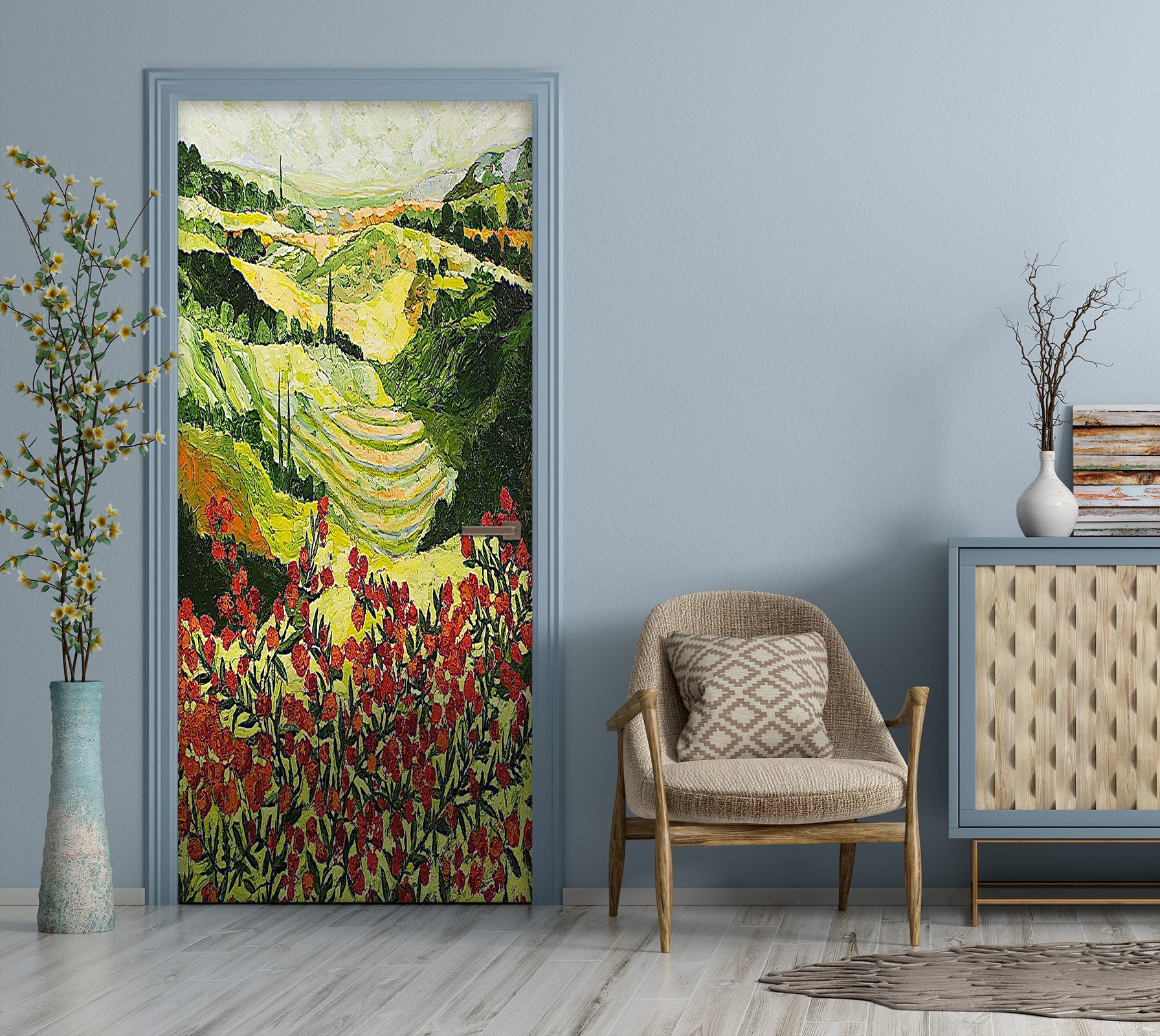 3D Hillside Field Red Flowers 9319 Allan P. Friedlander Door Mural
