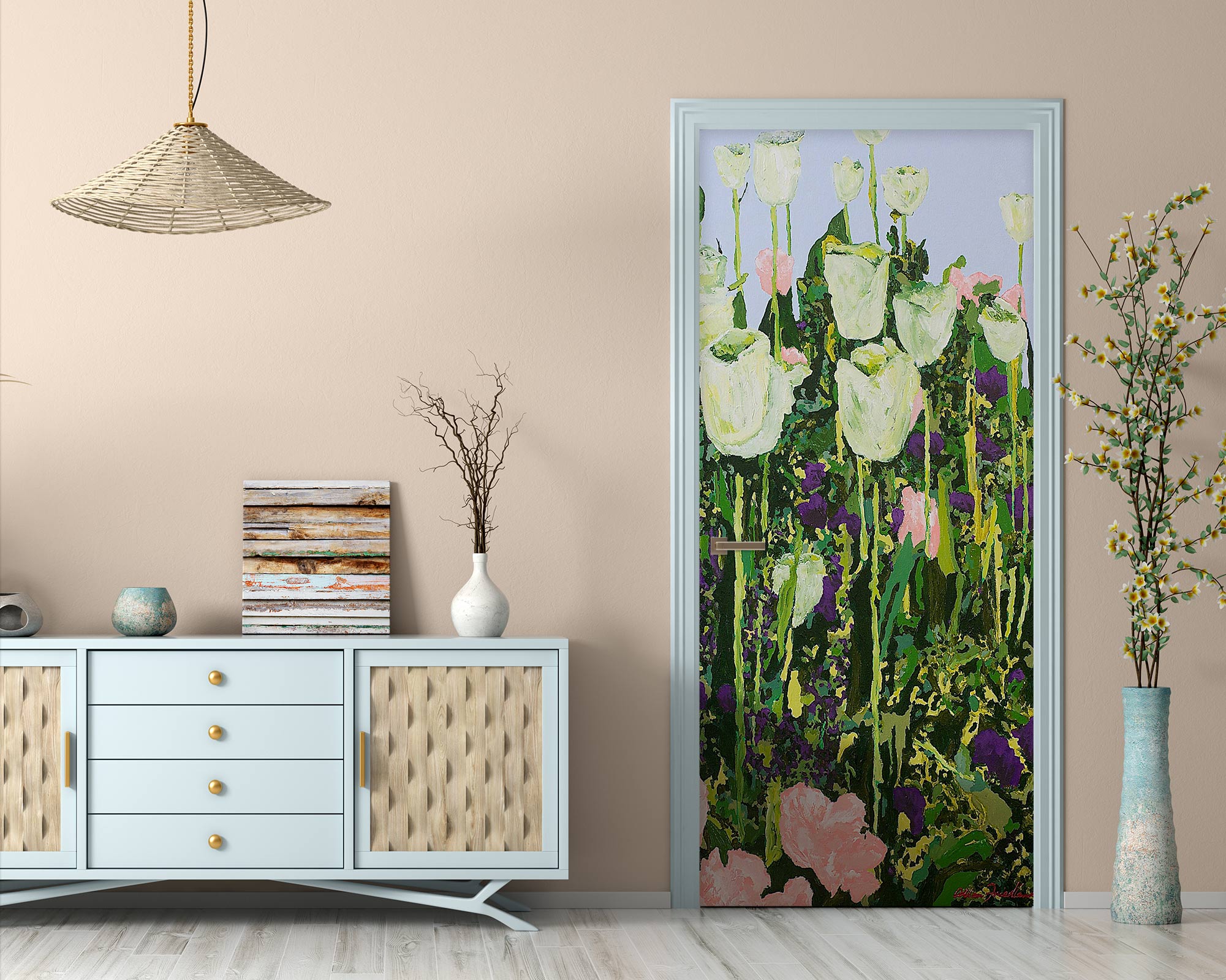 3D White Flower Meadow Painting 9373 Allan P. Friedlander Door Mural