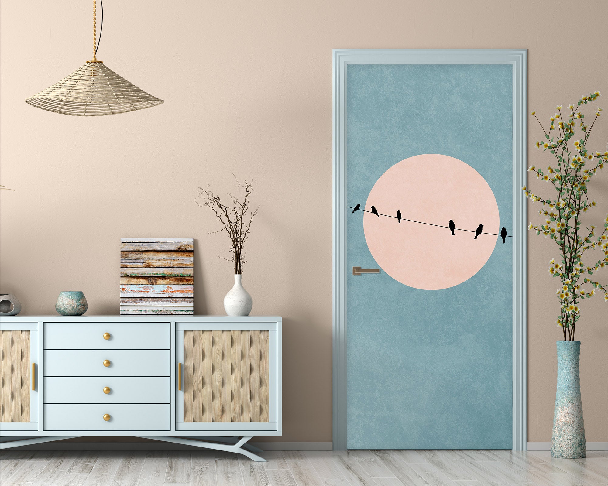 3D Wire Bird Moon 10148 Boris Draschoff Door Mural