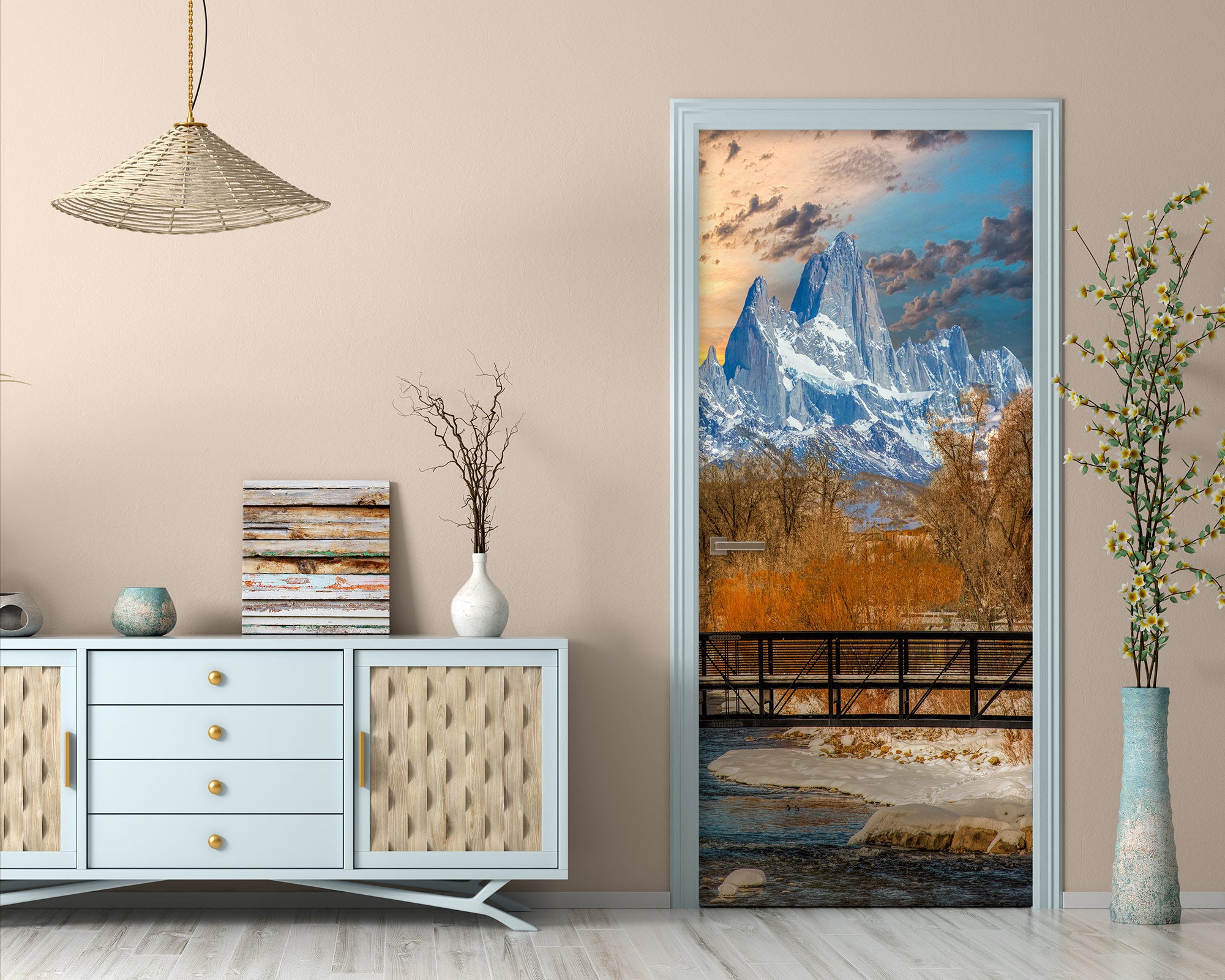 3D River Snow Mountain Trees 10859 Beth Sheridan Door Mural