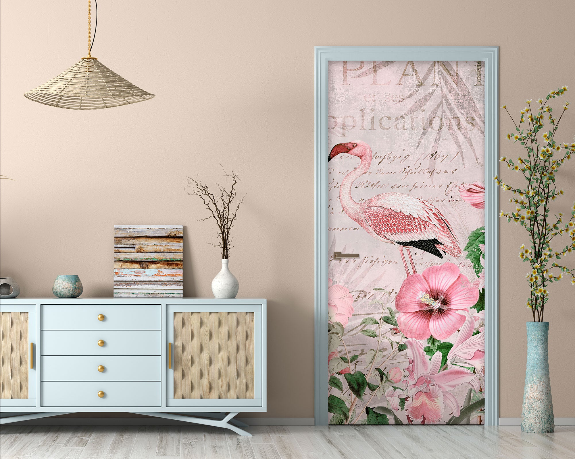 3D Pink Flamingo Flowers 118116 Andrea Haase Door Mural