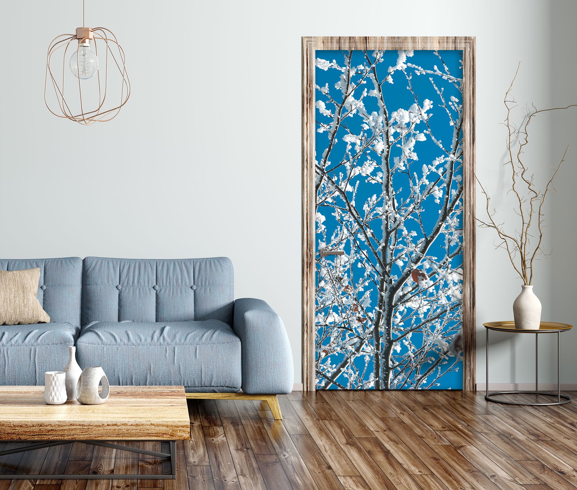3D Blue White Branch 106220 Assaf Frank Door Mural