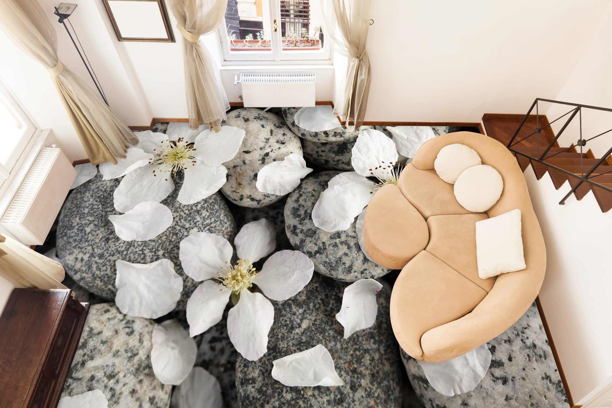 3D Pebbles And White Petals 1007 Floor Mural Wallpaper Murals Self-Adhesive Removable Print Epoxy