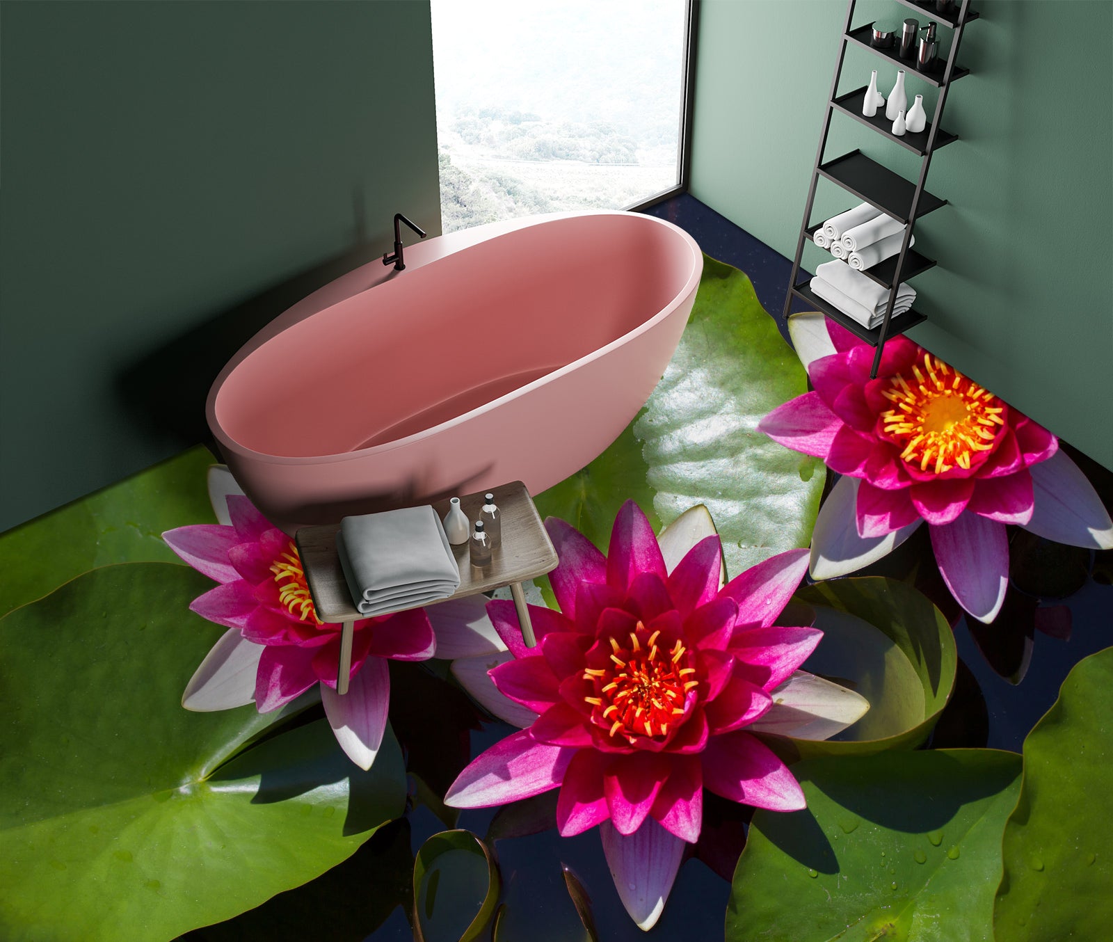 3D Deep Pink Lotus 141 Floor Mural Wallpaper Murals Rug & Mat Print Epoxy waterproof bath floor