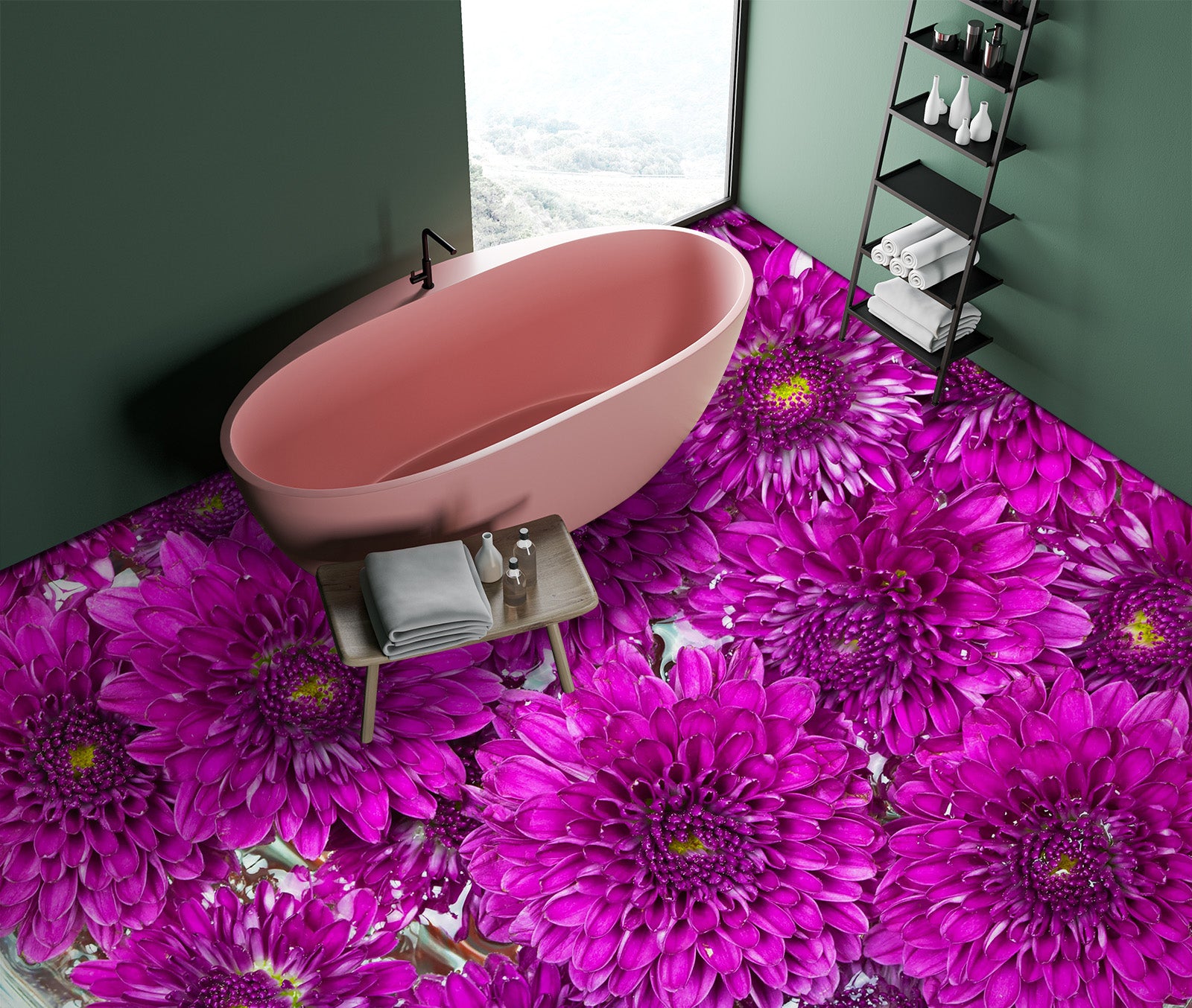 3D Dark Pink Chrysanthemum 300 Floor Mural Wallpaper Murals Rug & Mat Print Epoxy waterproof bath floor