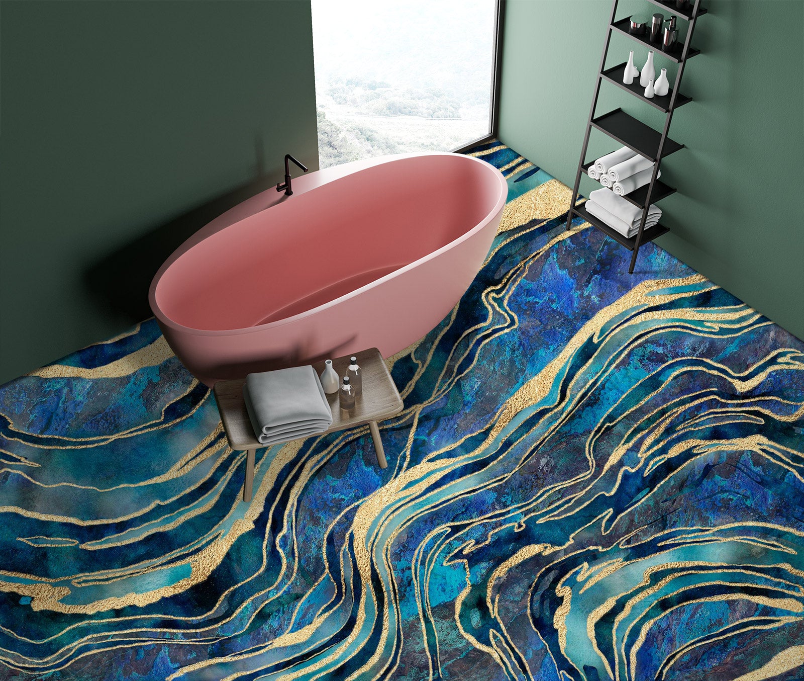 3D Teal Gold Stripes 102124 Andrea Haase Floor Mural Wallpaper Murals Self-Adhesive Removable Print Epoxy