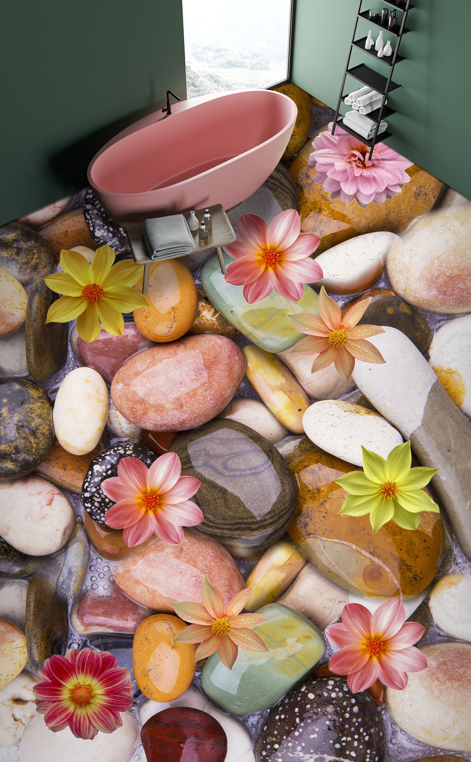 3D Colored Stones And Flowers 285 Floor Mural Wallpaper Murals Rug & Mat Print Epoxy waterproof bath floor
