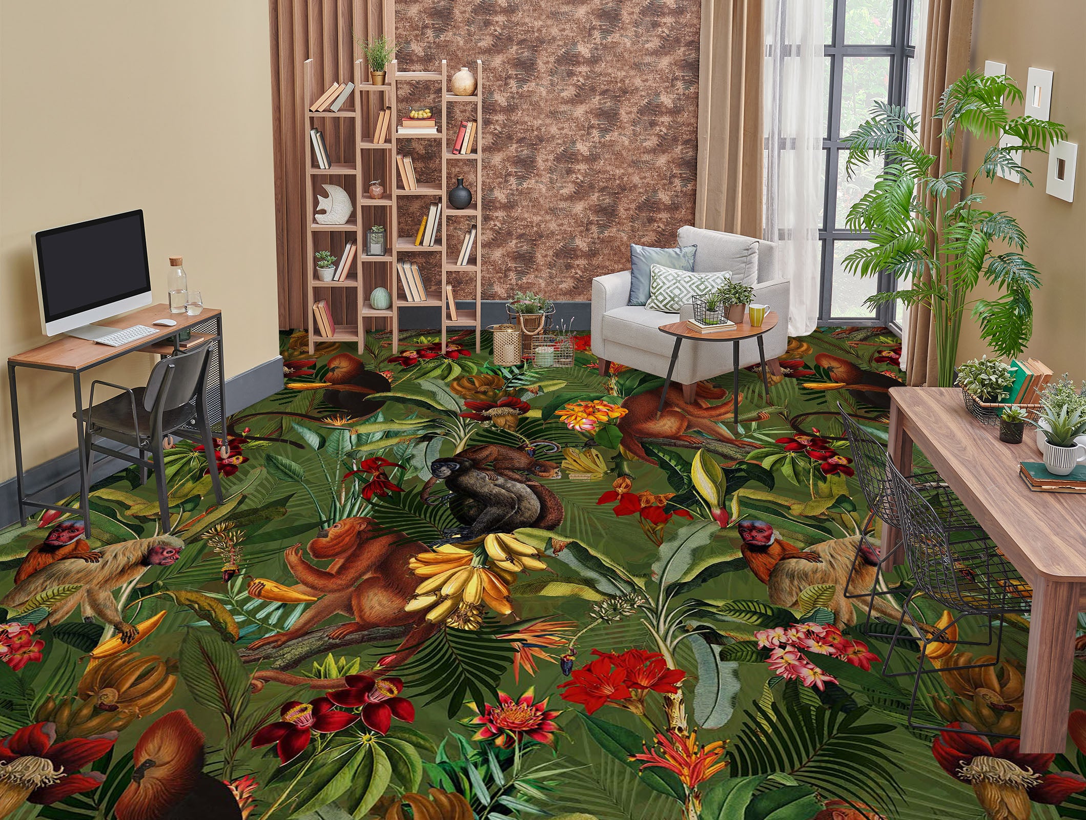 3D Leaf Jungle Monkey 99203 Uta Naumann Floor Mural Wallpaper Murals Self-Adhesive Removable Print Epoxy